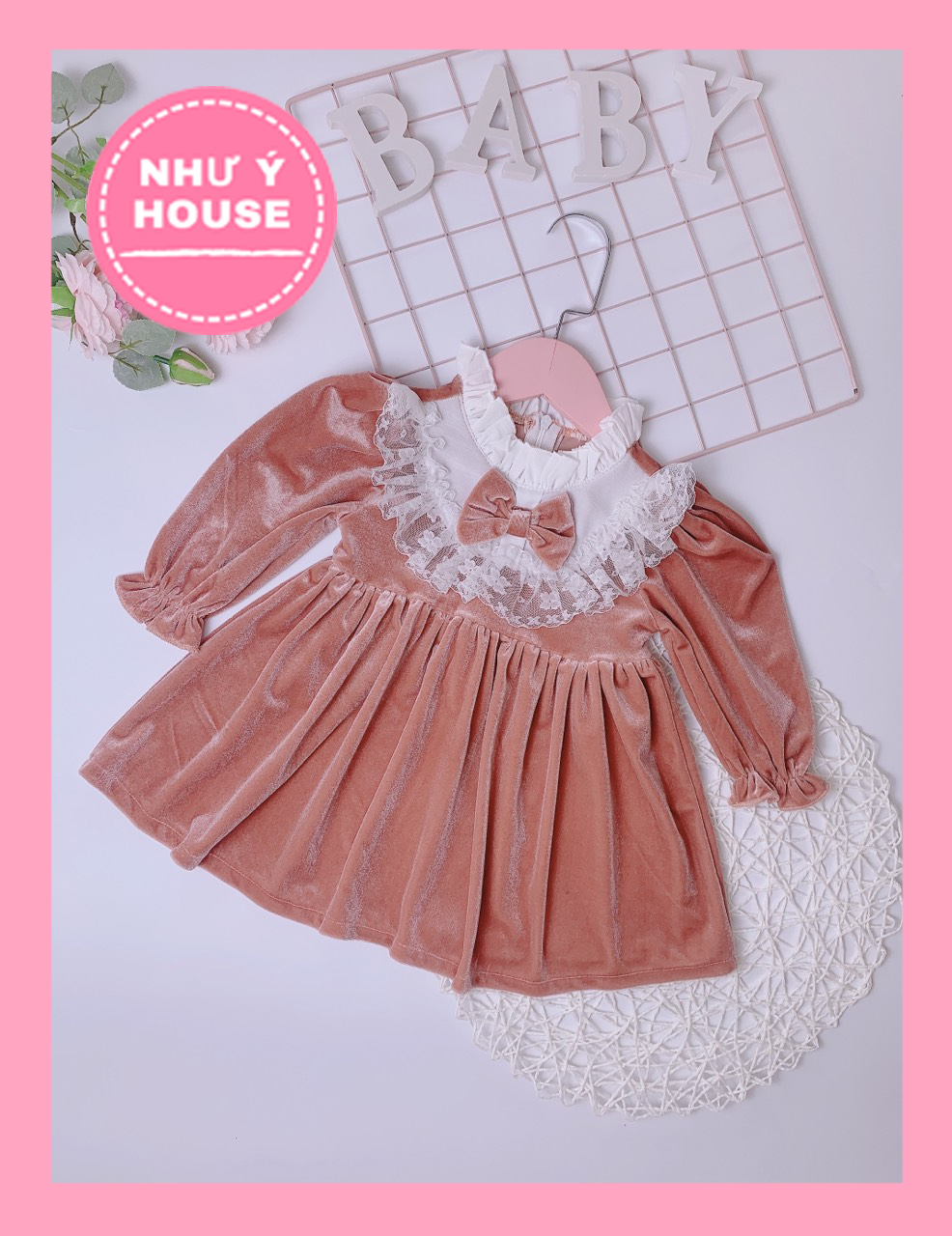 Váy thu đông bé gái Như Ý House - đầm nhung hồng xinh xắn cho bé từ 7-22 kg