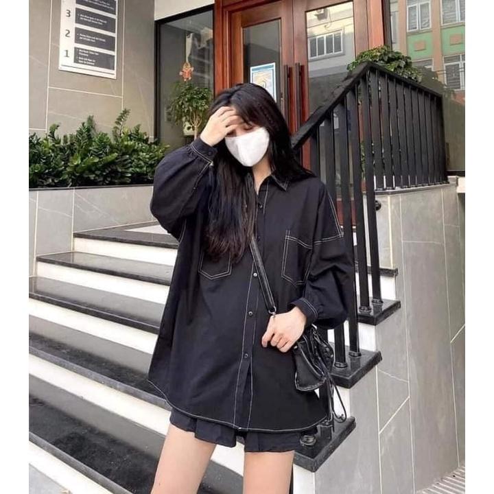 Áo Sơ Mi, Sơ Mi Nữ Fom Thụng OVersz, Chỉ Nổi Đen Trắng