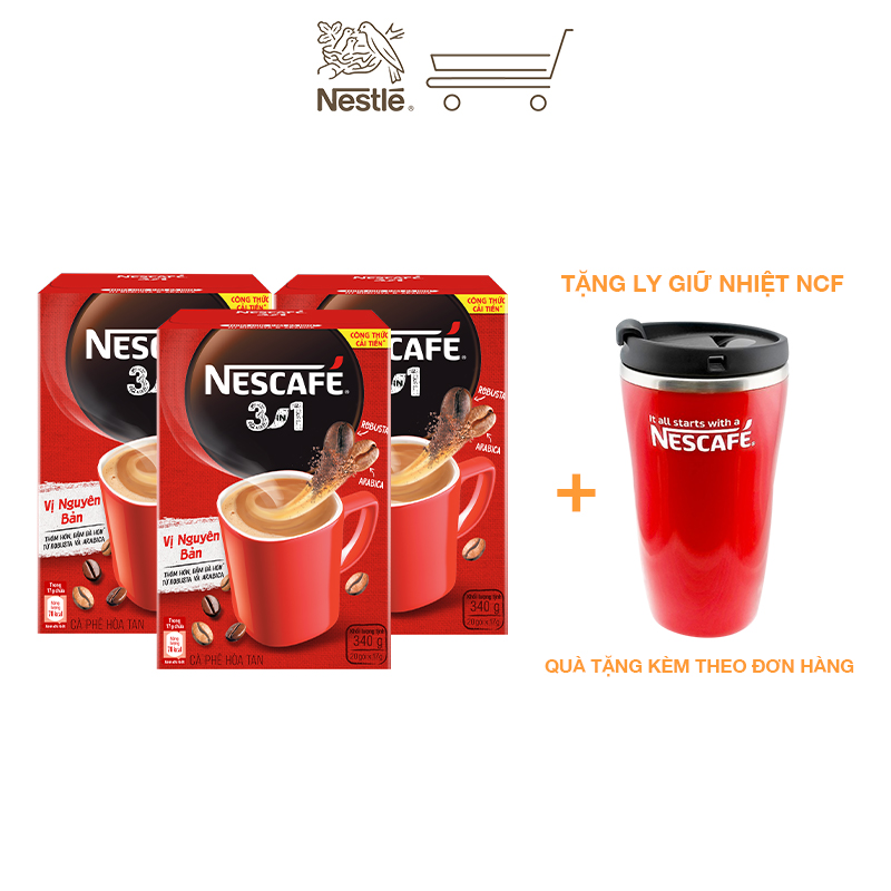 [Tặng ly 2 lớp tiện lợi] Combo 3 hộp cà phê hòa tan Nescafé 3in1 vị nguyên bản - công thức cải tiến (Hộp 20 gói)