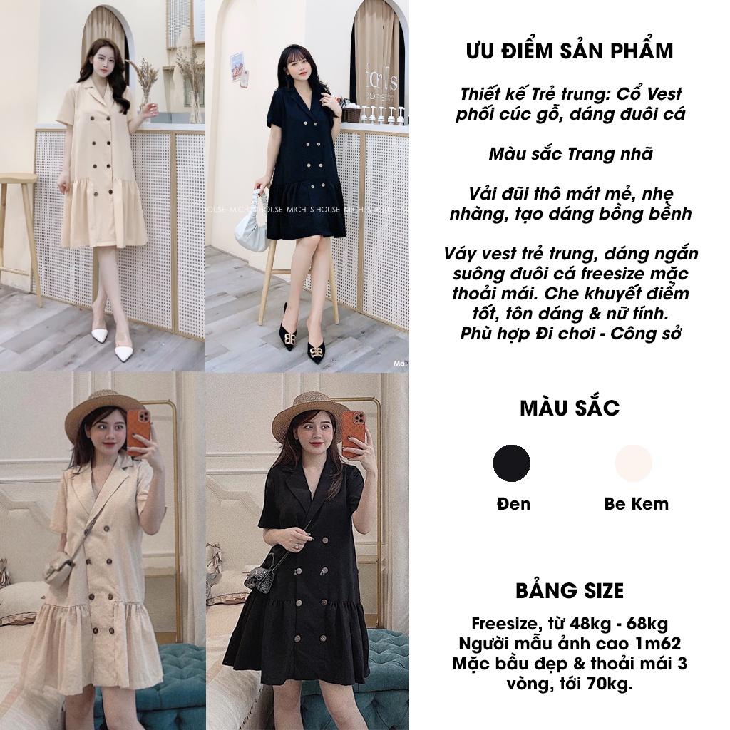 Đầm Bầu Công Sở Dáng Suông Cổ Vest Freesize VS270 MICHI House Váy chất Đũi Thiết kế Form Xòe Rộng Bigsize 70kg