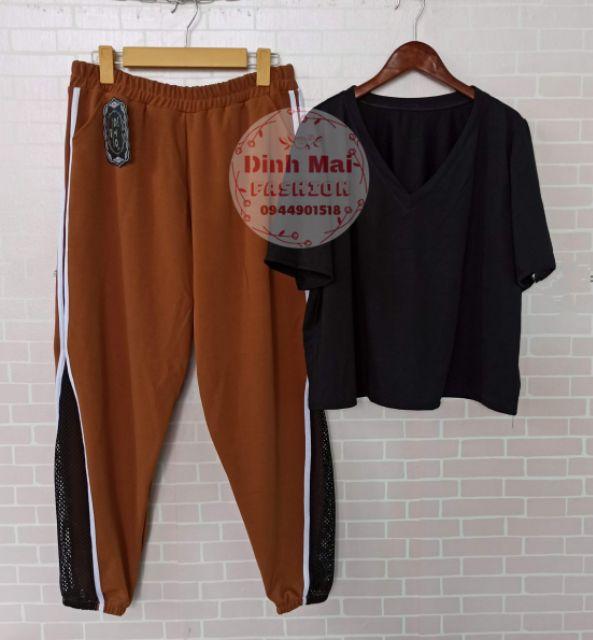 Set bigsize quần thể thao phối lưới mix áo cổ tim croptop