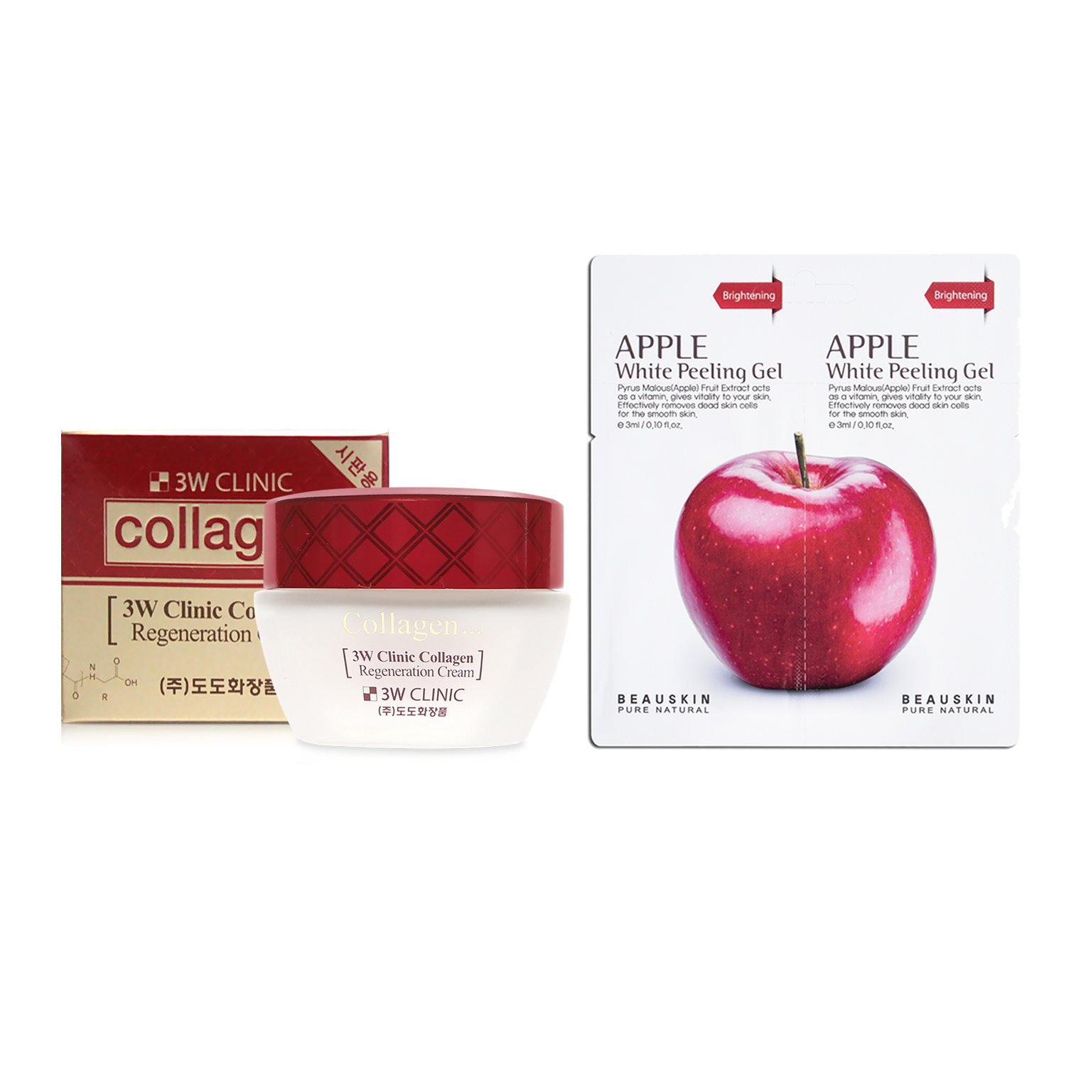 Combo kem dưỡng trắng da chống lão hóa 3W Clinic Collagen Regeneration Cream 60ml và  1 Tẩy da chết SÁNG DA SẠCH MỤN Beauskin Apple White Peeling Mini Size