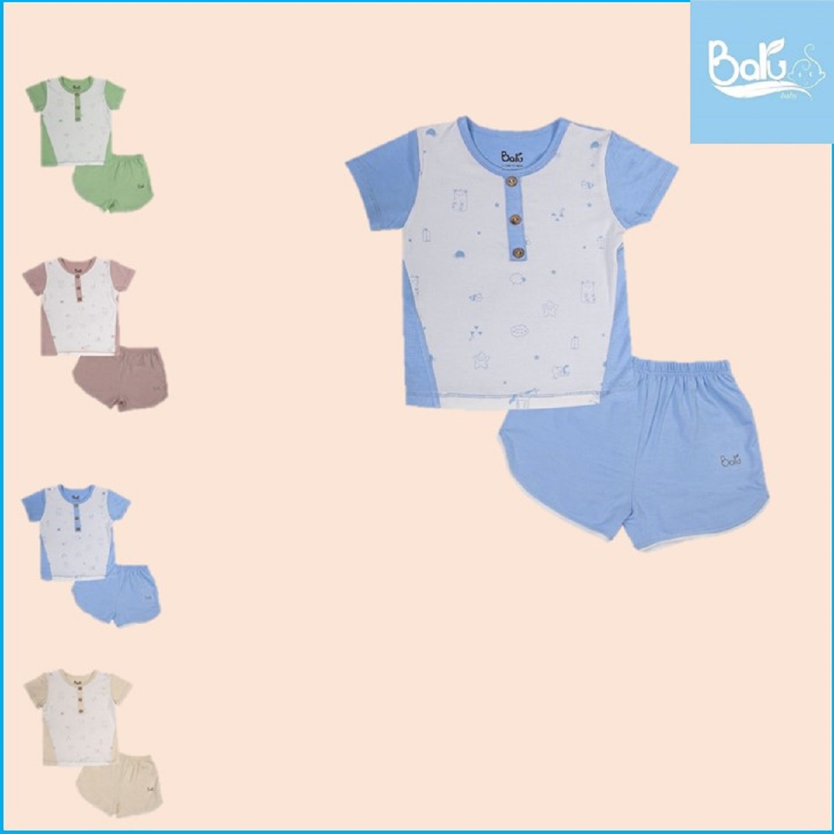 Bộ cộc tay cổ trụ BARU ,chất liệu cotton mềm mại cho bé trai bé gái quần áo trẻ em ( 6M -4Y )