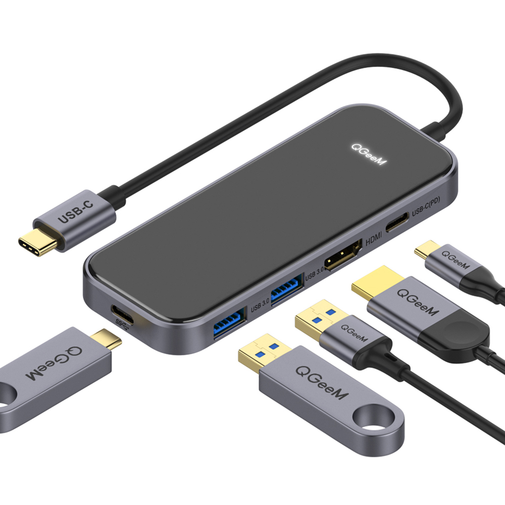 Bộ Hub USB C QGeeM 5 trong 1 4K USB C sang HDMI, 2 x USB 3.0, 1 x USB-C 3.0, 1 x USB-C 100W PD Charger tương thích với MacBook Pro 2019/2018 IPad Pro, Chromebook, XPS, Type-C Adapter - Hàng Chính Hãng