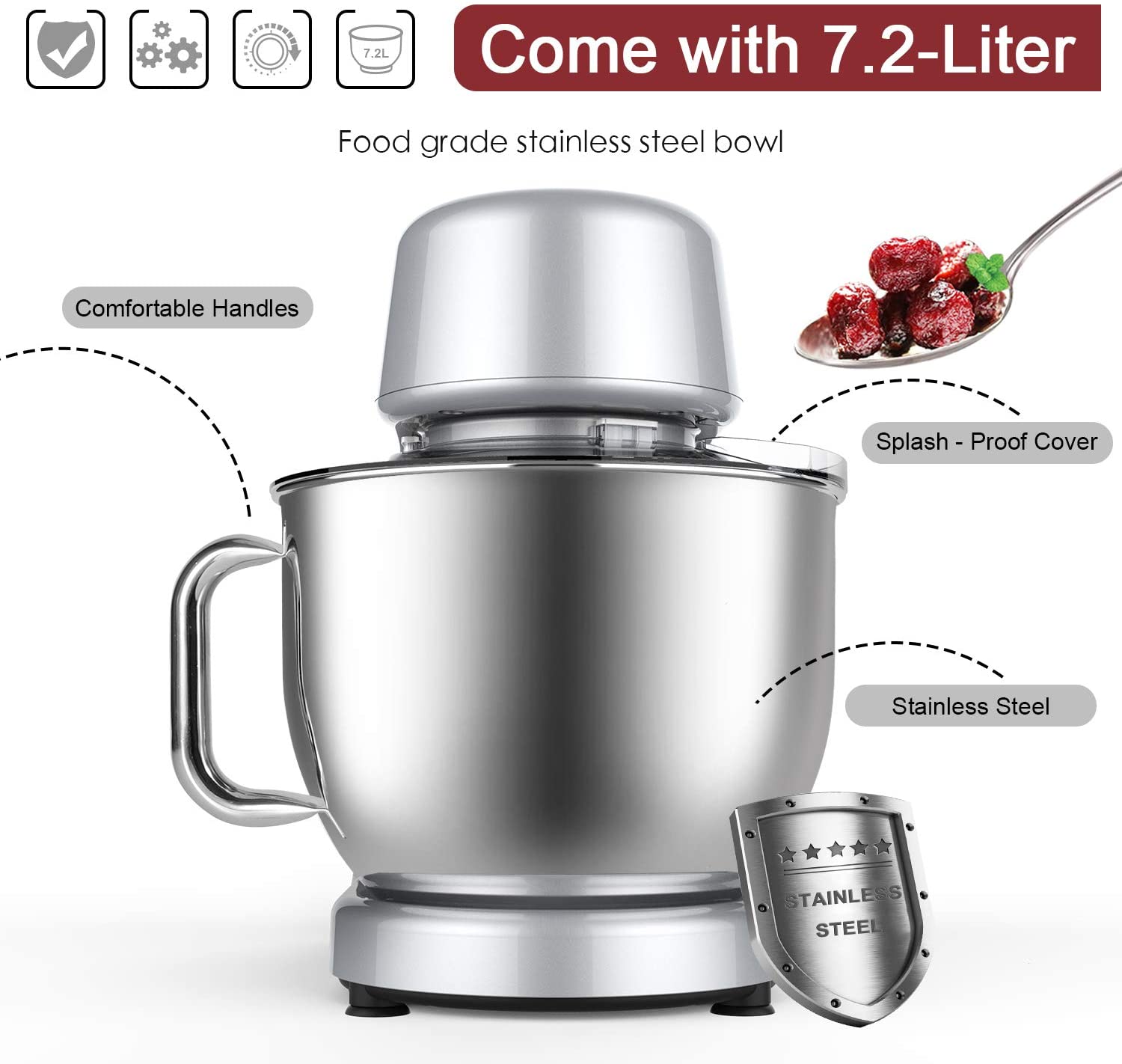 Máy nhào bột Homlee SM-1508 dung tích 7.2L công suất 1800W - Hàng chính hãng UK - Quết chả giò, trà bông, đánh kem, đánh trứng chạy êm ái