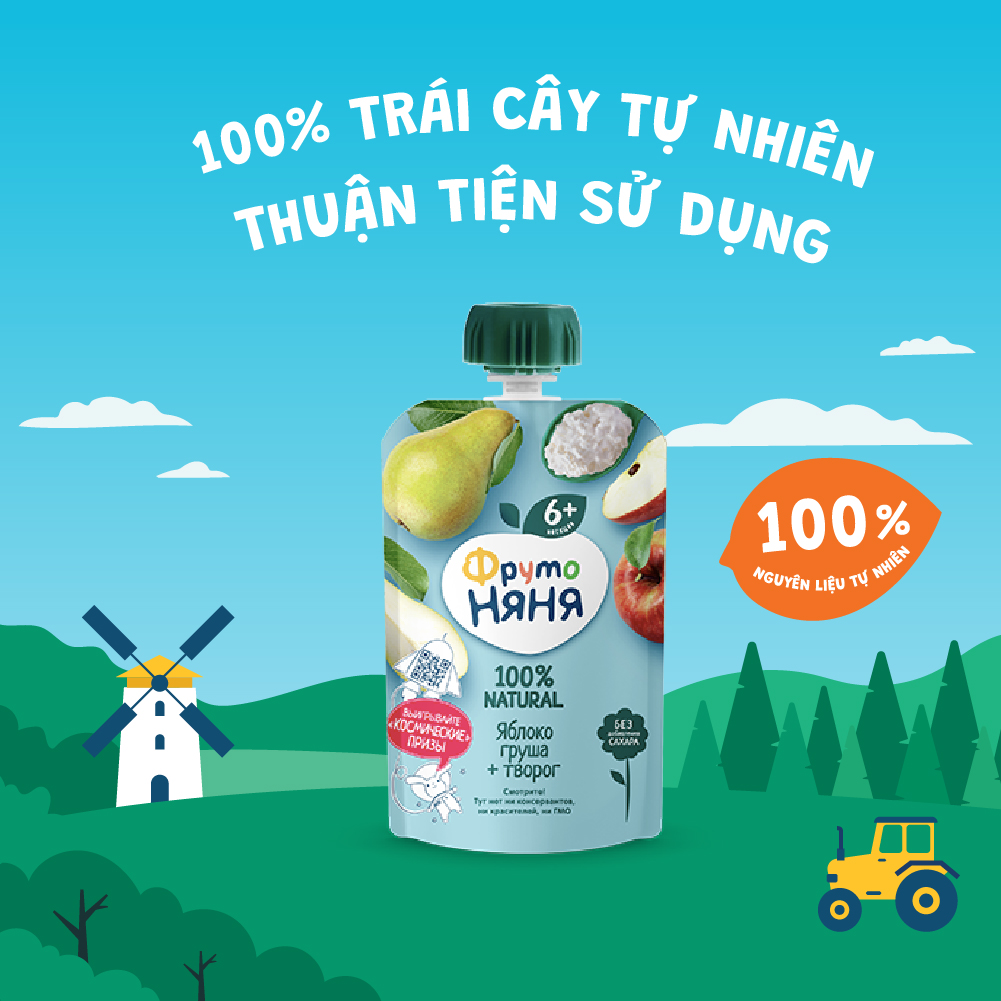 Combo 6 Gói Trái cây nghiền vị táo, lê và phomai tươi Fruto Nyanya 90g