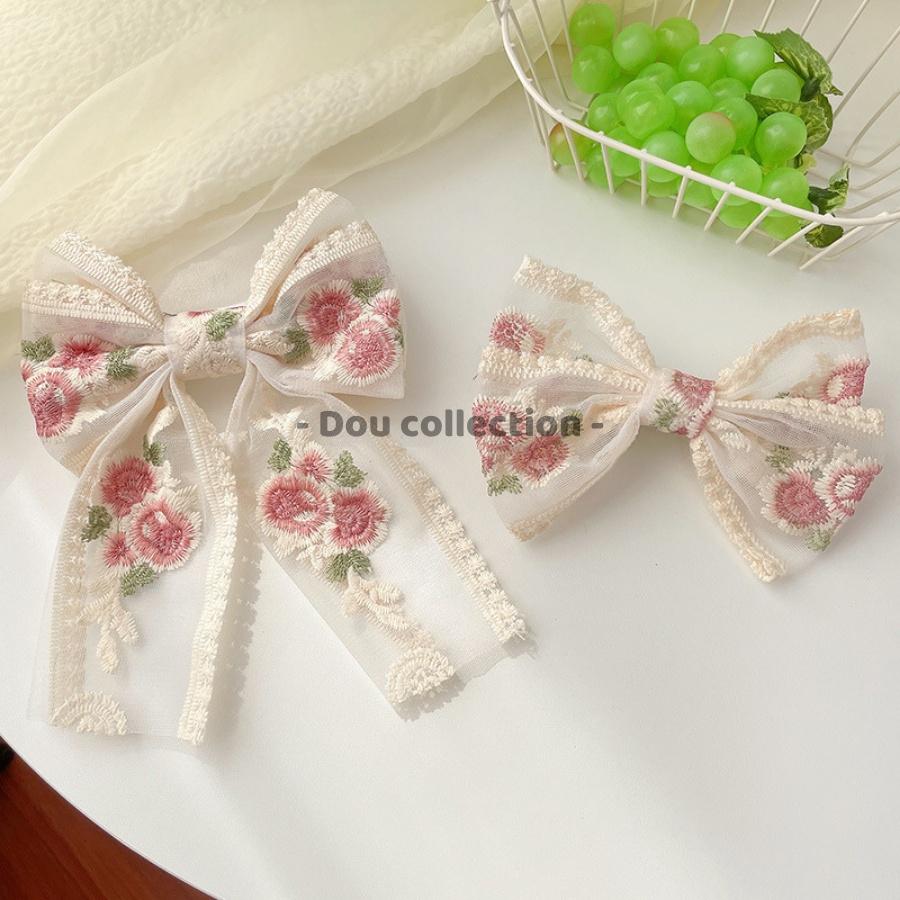 Kẹp Tóc Nơ Ren Họa Tiết Hoa Thêu Cao Cấp Tiểu Thư HANDMADE - Mã KT017