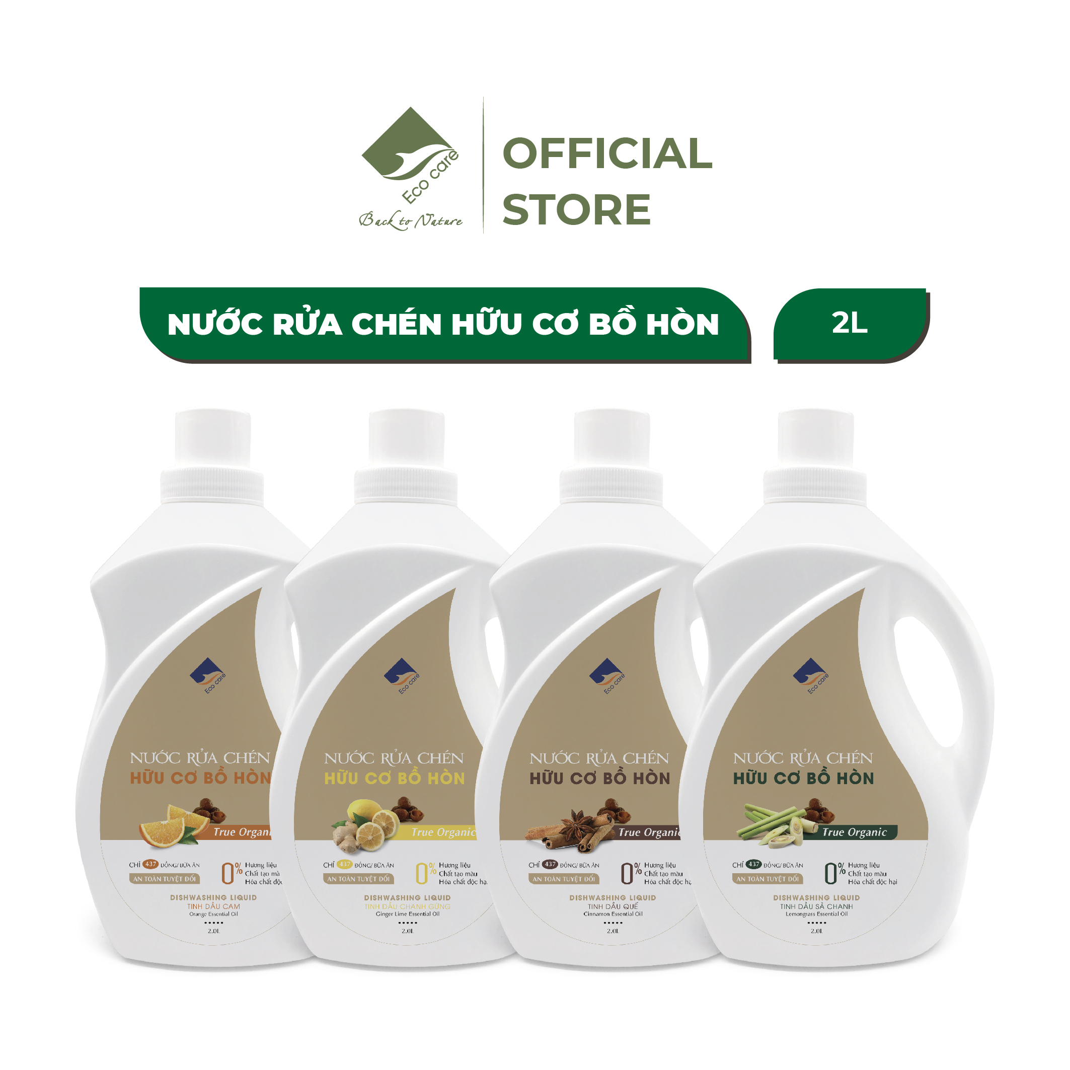 Nước Rửa Chén Hữu Cơ ECOCARE 2000ml Chiết Xuất Bồ Hòn Và Tinh Dầu Sả Chanh, Quế, Cam, Chanh Gừng Bảo Vệ Da Tay, An Toàn Cho Trẻ Nhỏ