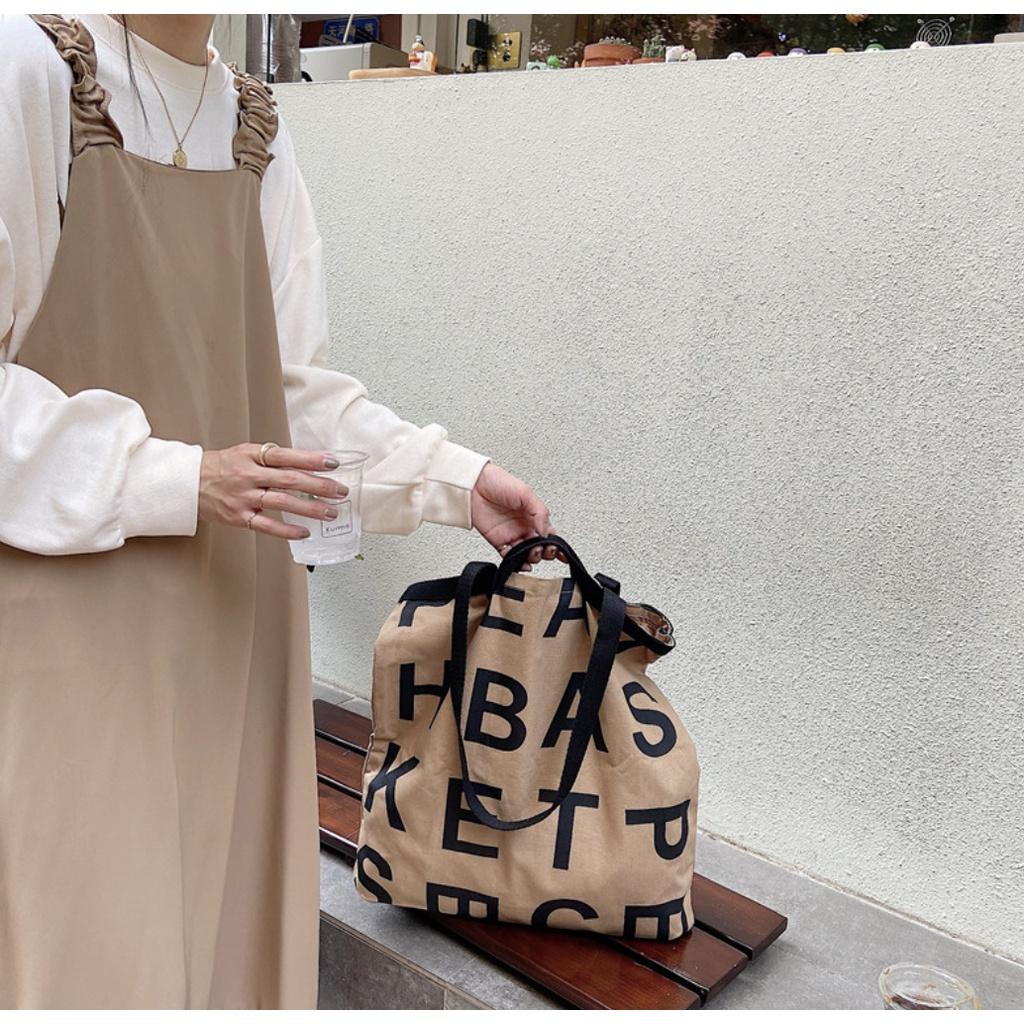 T334/ Túi tote túi vải canvas peach basket đeo vai và có tay xách - 3 màu nâu, xanh navy, trắng