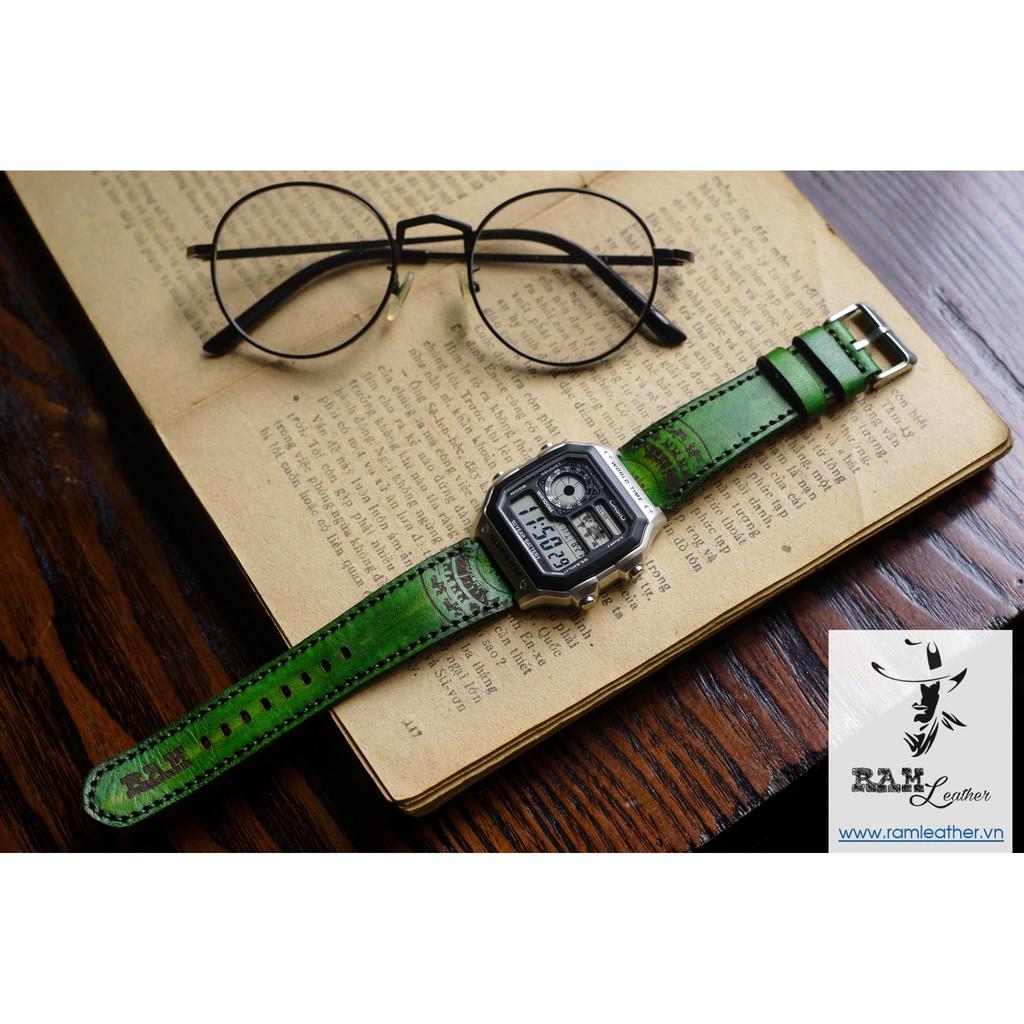 DÂY ĐỒNG HỒ DA BÒ THẬT - RAM TRỐNG ĐỒNG XANH LÁ - CASIO AE1200/SEIKO5 - RAM LEATHER -