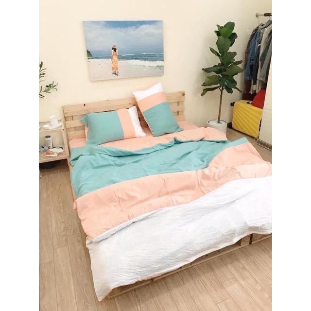 Bộ chăn ga cotton đũi cao cấp nhập khẩu Hàn Quốc pha màu 4 món chất mát lạnh