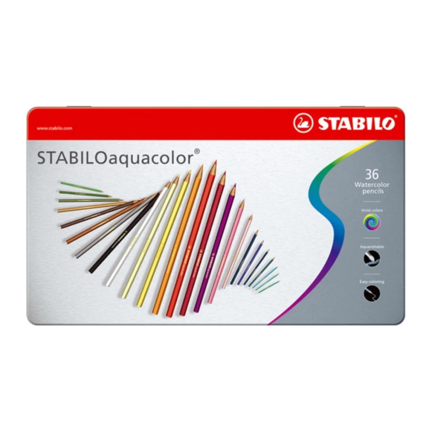 Bộ bút chì màu nước STABILOaquacolor 36 màu - Hộp thiếc 36 màu + Bút cọ nước (CLW1636M+)