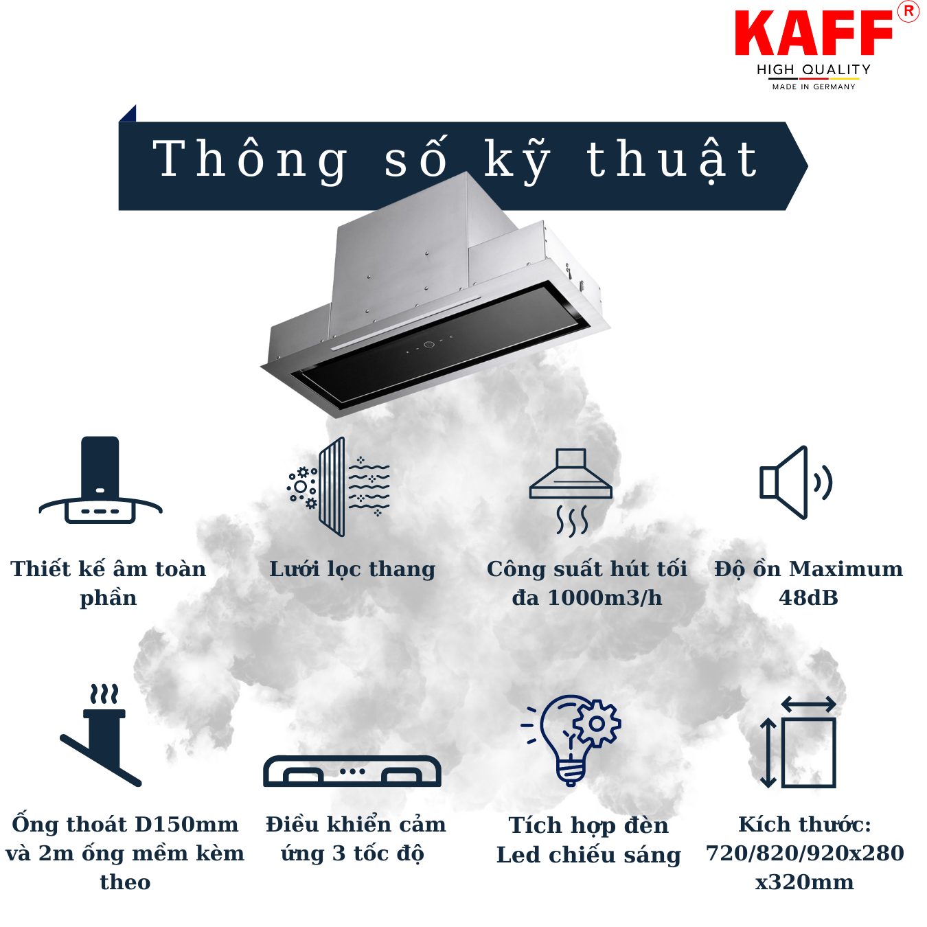 Máy hút mùi âm toàn phần mặt kính cảm ứng 700mm KAFF KF-BI70PR Tặng bộ lọc than thay thế - Hàng Chính Hãng