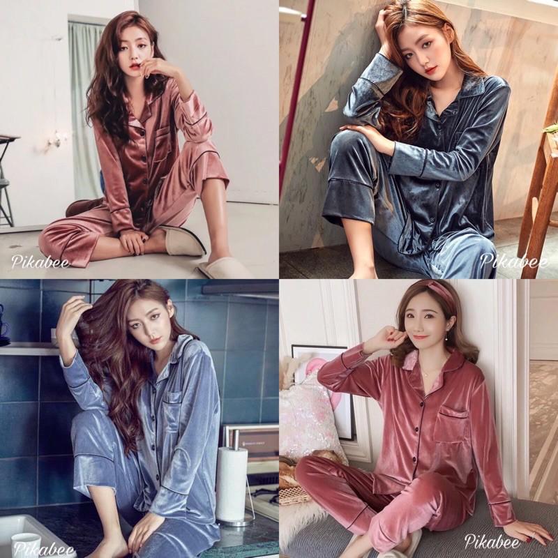 Bộ Ngủ Pyjama Mặc Nhà Dài Tay Nhung Cao Cấp