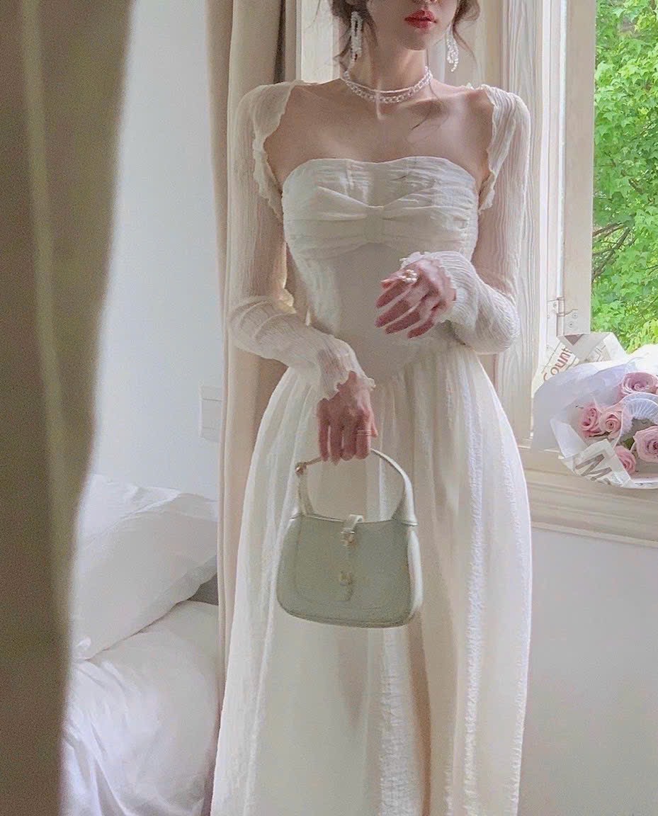 ĐẦM ỐNG DÀI MID ĐI TIỆC ÔM XÒE SUÔNG TRƠN MAXI LƯNG THUN + ÁO KHOÁC LỬNG VOANĐI BIỂN DẠO PHỐ