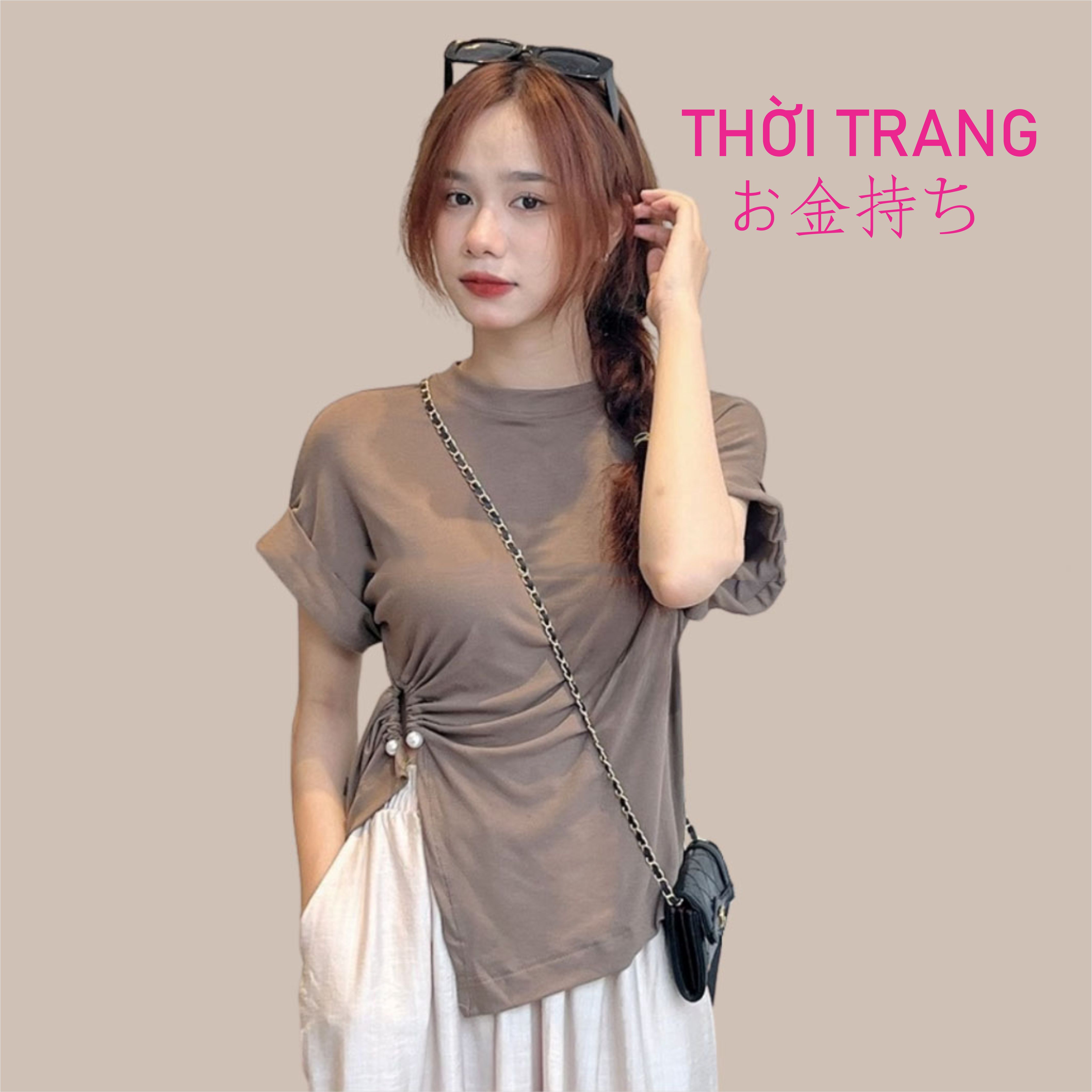 Áo thun nữ tay hến おかねもち áo thun trơn cổ tròn nhún eo có đính 2 viên ngọc 3120
