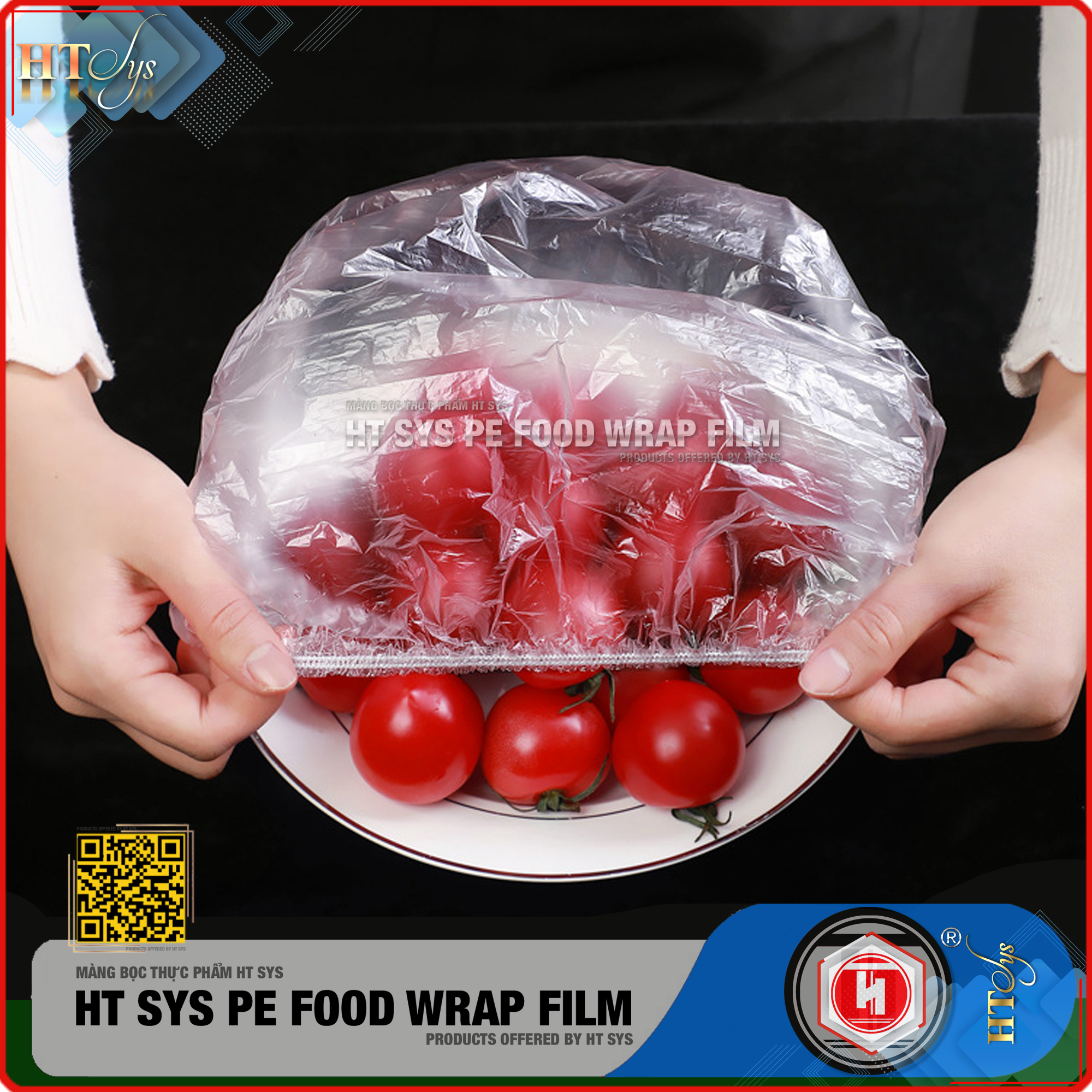 Màng Bọc Thực Phẩm HT SYS PE FOOD WRAP FILM - Chất Liệu PE Cao Cấp - Có Chun Co Giãn - Tái Sử Dụng Nhiều Lần - An Toàn Vệ Sinh - Gói 100 Chiếc Tặng Kèm Túi Đựng Và Móc Dán Đa Năng