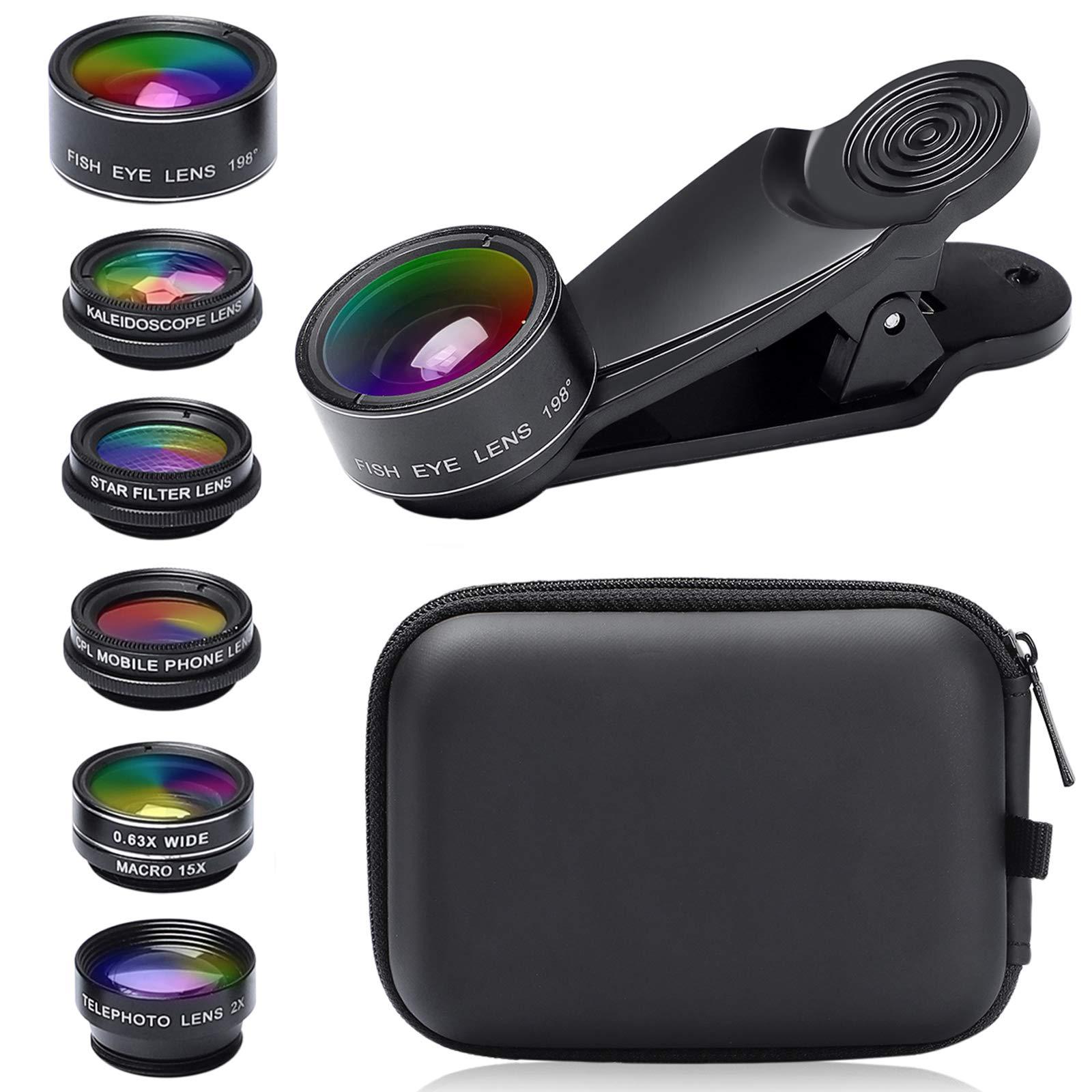 Bộ ống kính camera 7 trong 1 điện thoại, ống kính phổ quát, ống kính mắt cá 198 °, góc rộng 0,63x, ống kính macro 15 lần, CPL, kính vạn hoa, ống kính táo bạo, có khóa kéo
