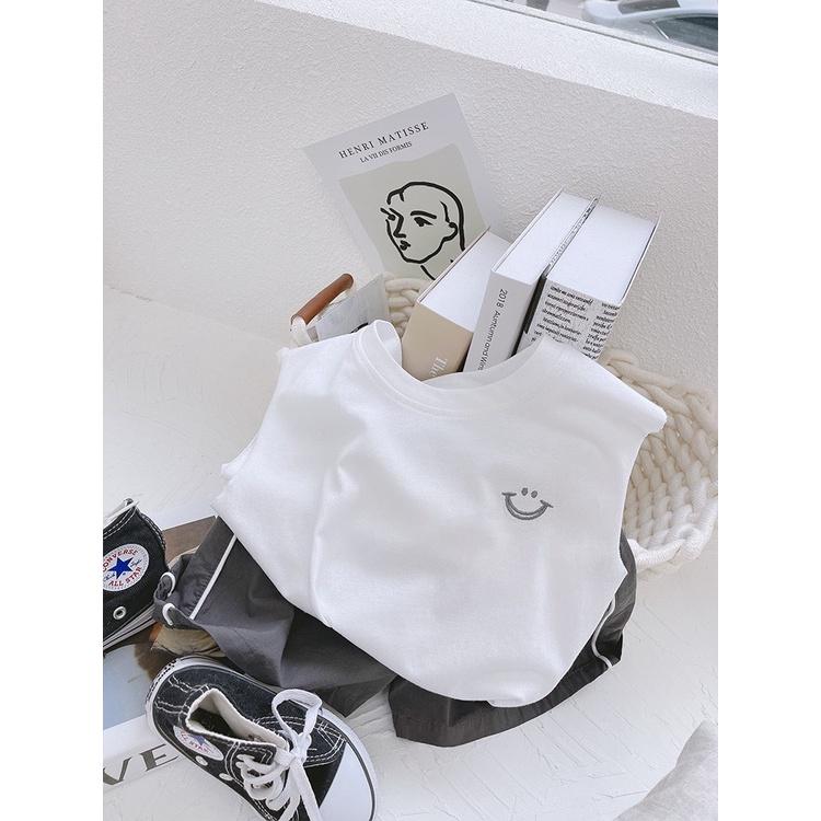 Bộ Quần Áo Bé Trai MOON HOUSE, Bộ Sát Nách Thêu Miệng Cười Phối Quần Viền Cho Bé Từ 6-28kg