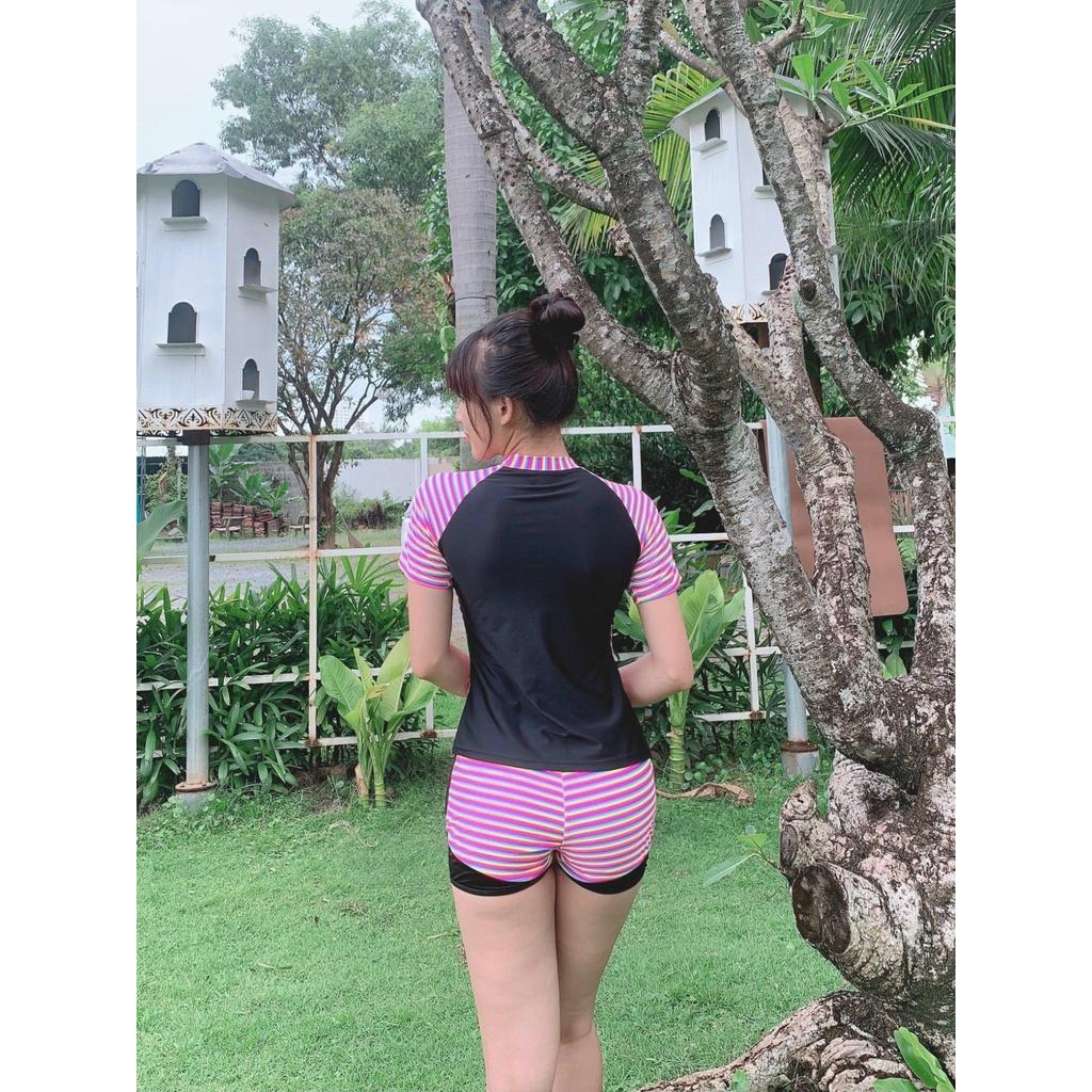 Đồ bơi nữ bikini HAI MẢNH NGẮN TAY QUẦN ĐÙI HOẠ TIÉT Kín Đáo HM-022
