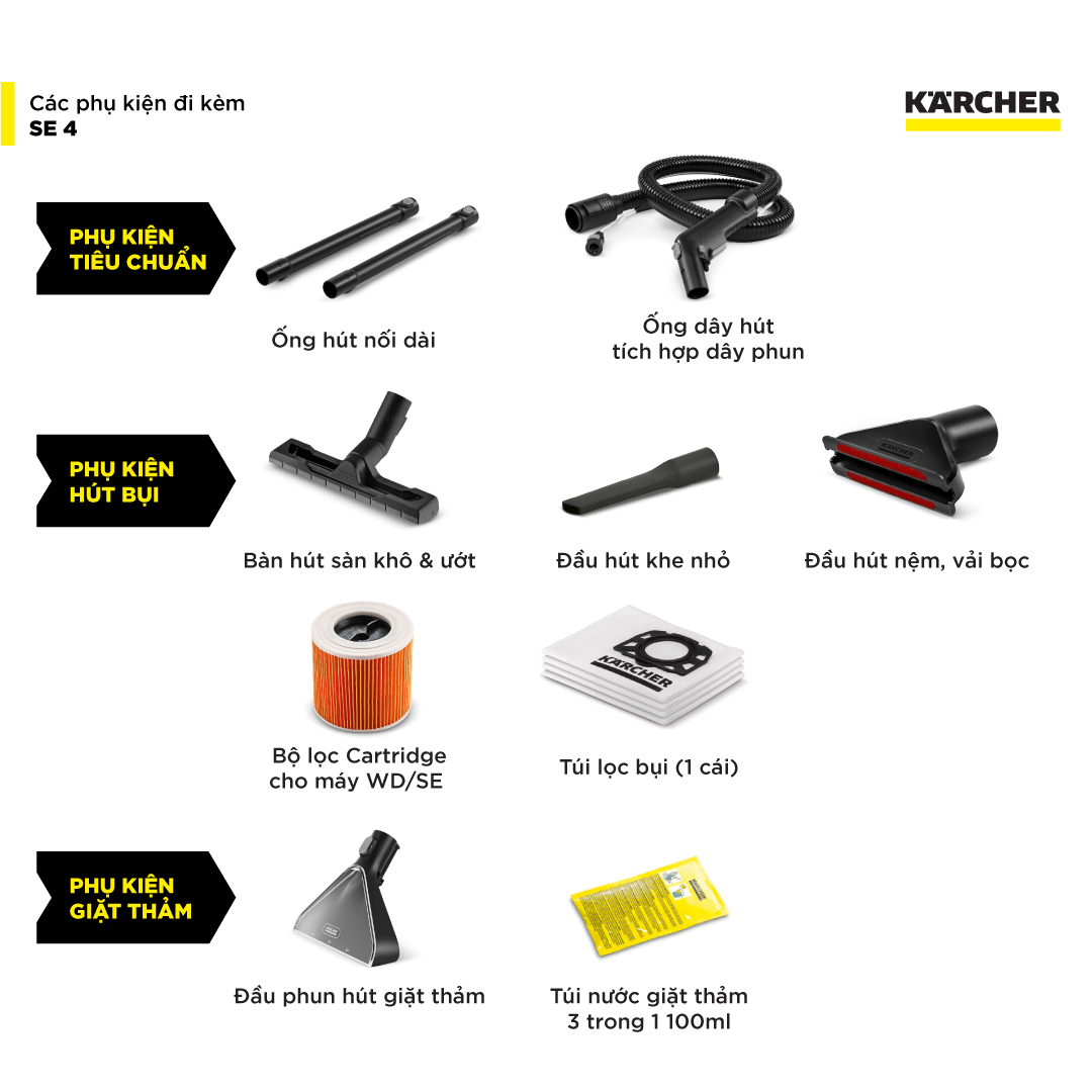 (Sản xuất Châu Âu) Máy giặt thảm Karcher SE 4 - Công suất 1000W - Làm sạch thảm và hút bụi đa năng dùng cho gia đình - Hàng Chính Hãng