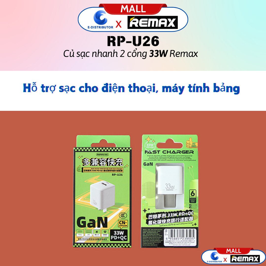Củ sạc nhanh 2 cổng 33W Remax RP-U26 - hàng chính hãng - Bảo Hành 12 Tháng - sạc hai thiết bị cùng lúc tiện lợi