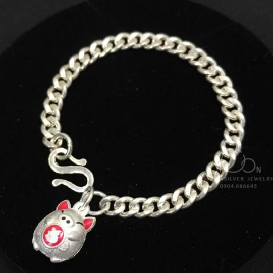 Lắc bạc dây móc dầy charm hình con lợn may mắn