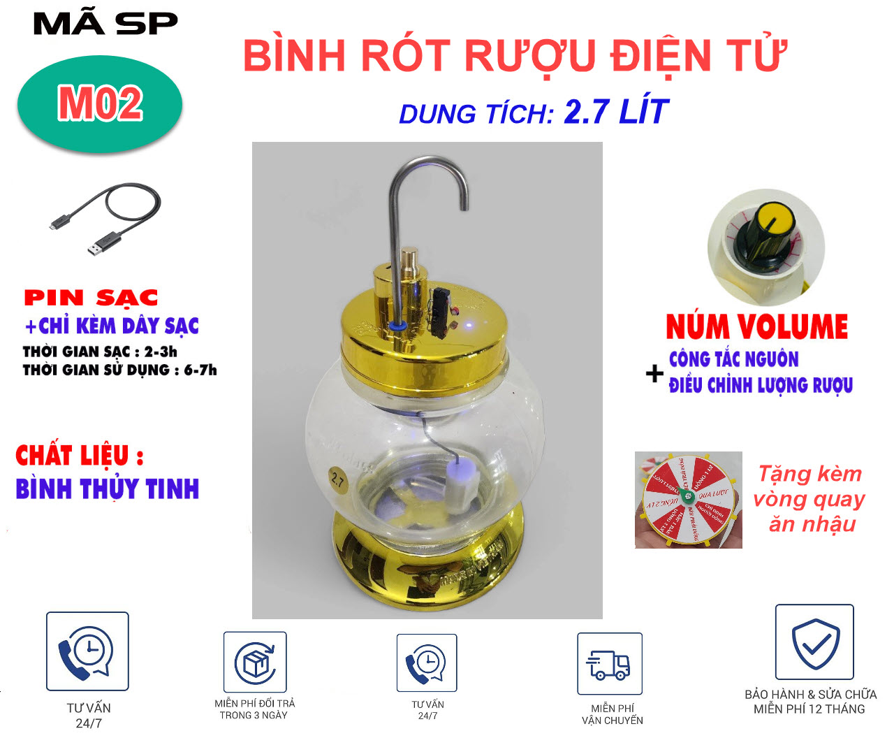 Bình Rót R.ượ.u Điện tử  Thủy Tinh cao Cấp 2.7 lít