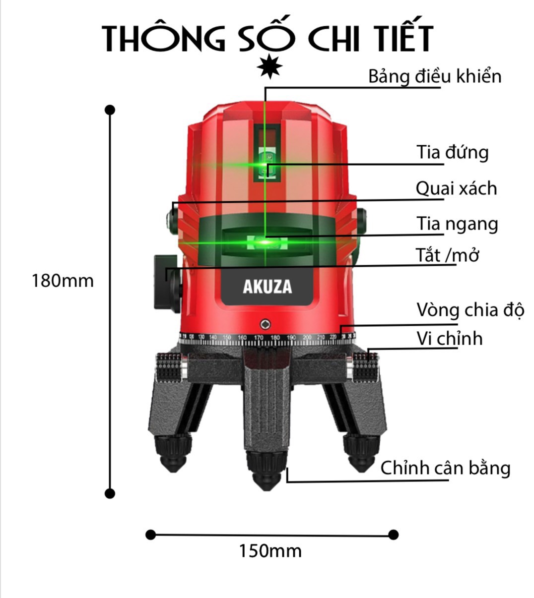 Máy cân bằng laser Akuza S bắn cốt, đánh thăng bằng 5 tia xanh , 2 pin chân 1,2m , Hàng chính hãng nhập khẩu 2023