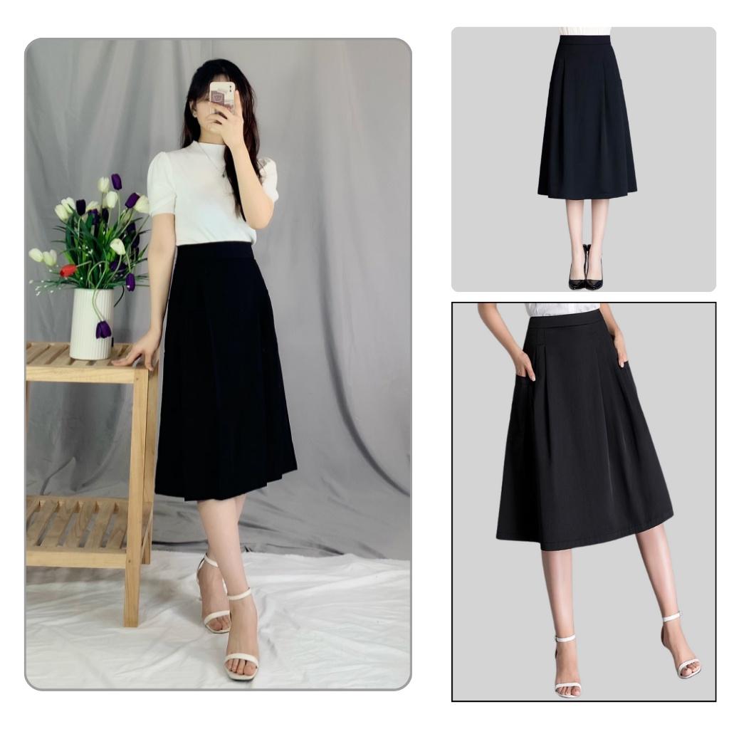 Chân váy midi công sở 921 EMIX (màu đen), dáng dài, ulzzang, cạp cao, khóa sau, hai túi, vải tuytxi mềm nhẹ
