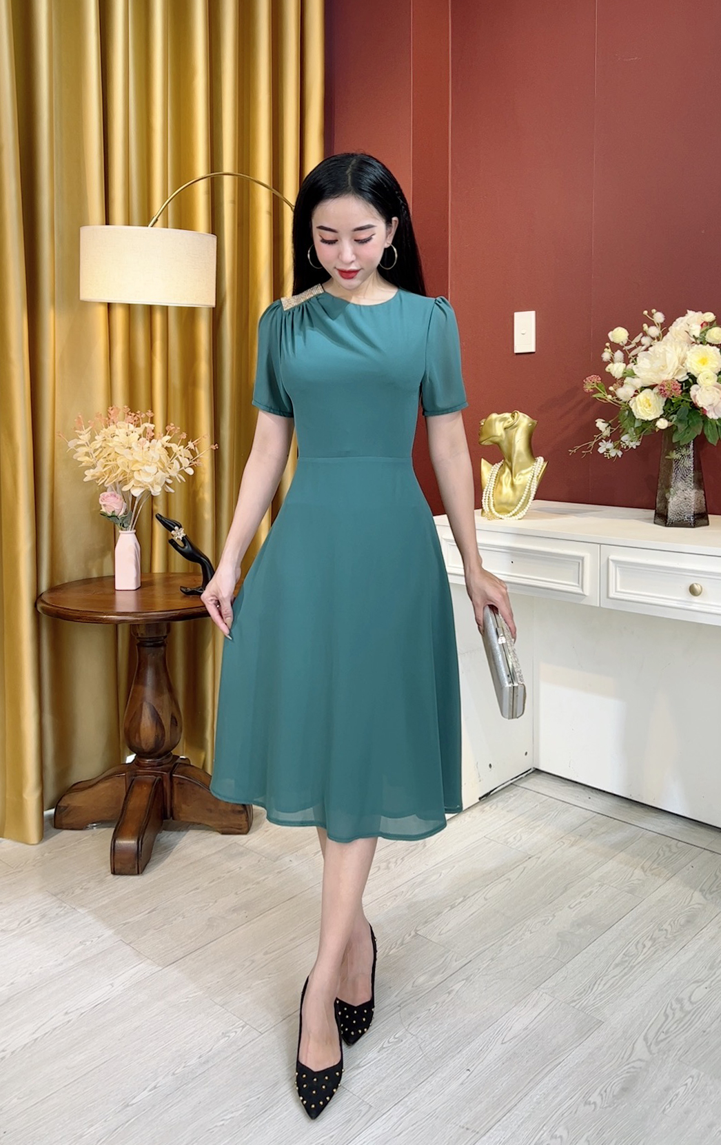 Linh Trà - Đầm Trung Niên Dáng Dài [TM720] Cao Cấp Vải Voan Chiffon Tay Ngắn Cho Mẹ U40 U50