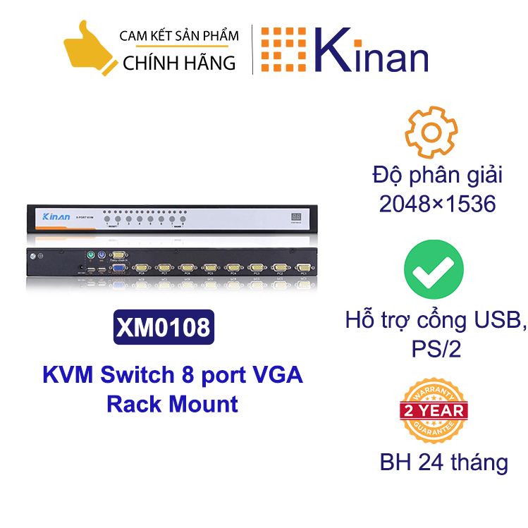 KVM 8 cổng Kinan XM0108 hỗ trợ cổng USB, PS/2, gồm 8 sợi KVM cables, độ phân giải 2048x1536 - Hàng chính hãng