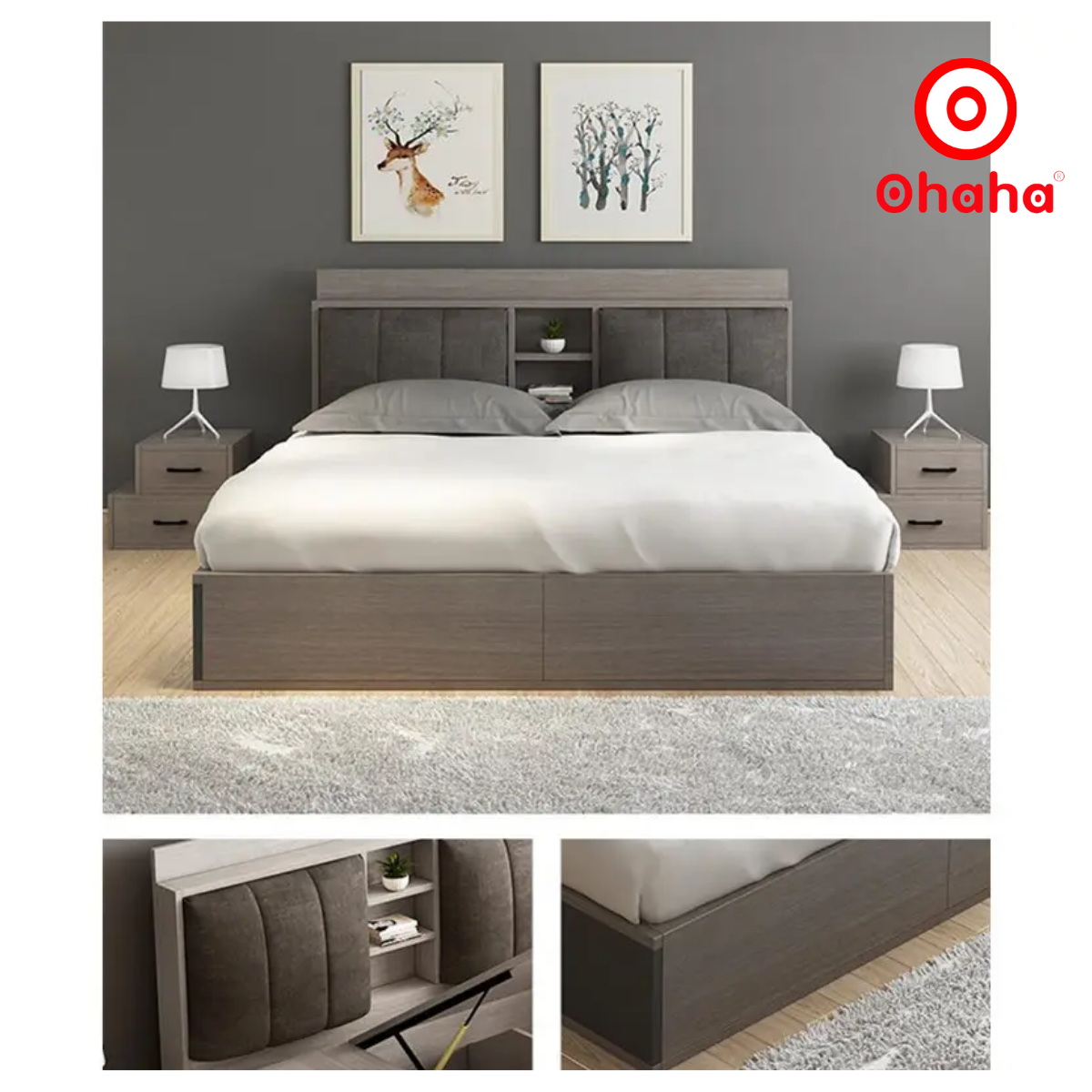 Hình ảnh [Miễn phí vận chuyển & lắp đặt] Giường ngủ thông minh cao cấp bọc nệm đầu giường gỗ công nghiệp Ohaha - GN008