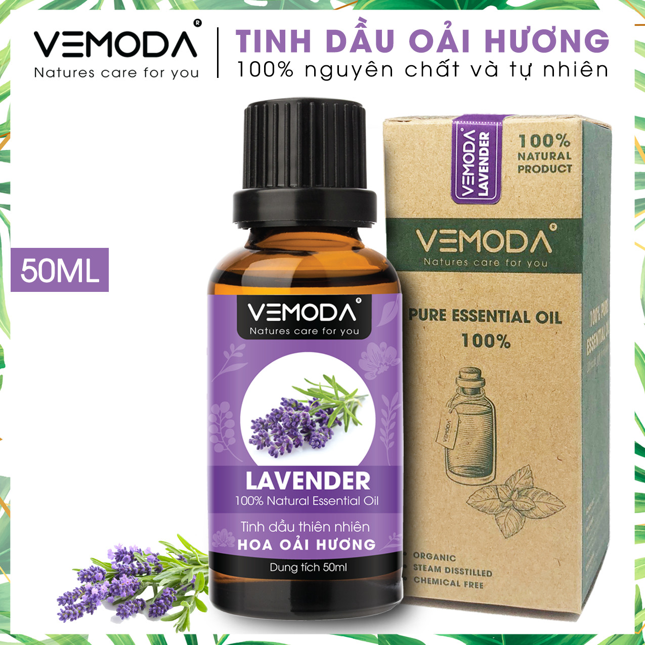 Tinh dầu Oải hương cao cấp. Lavender Essential Oil 50ML. Tinh dầu xông phòng  giúp thư giãn, giảm căng thẳng, cải thiện giấc ngủ, khử mùi, thanh lọc không khí. Tinh dầu thơm phòng Vemoda