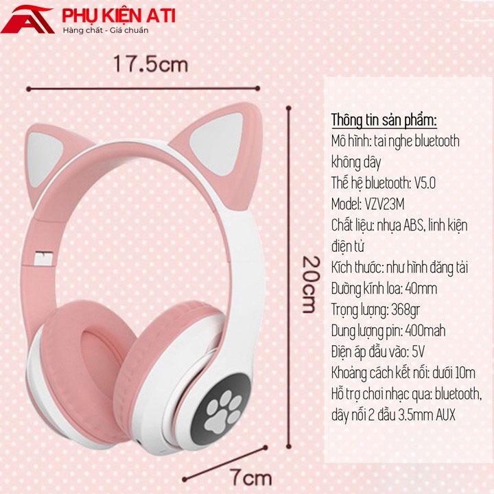 Tai nghe Mèo màu hồng kết nối Bluetooth chụp tai,Headphone Tai Mèo Dễ Thương Có Mic,Âm Bass Mạnh Mẽ VZV-23M - ATI