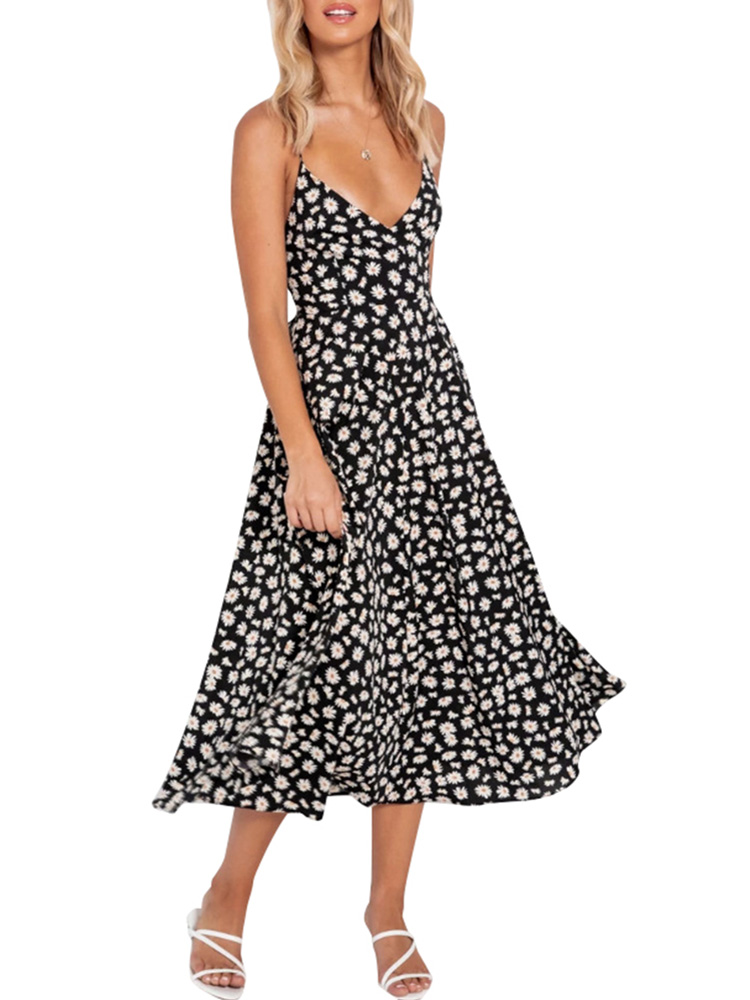 Sexy Women Boho Dress Floral Print Spaghetti Strap V Neck High Waist Backless Sleeveless Beach Spring Summer Dress