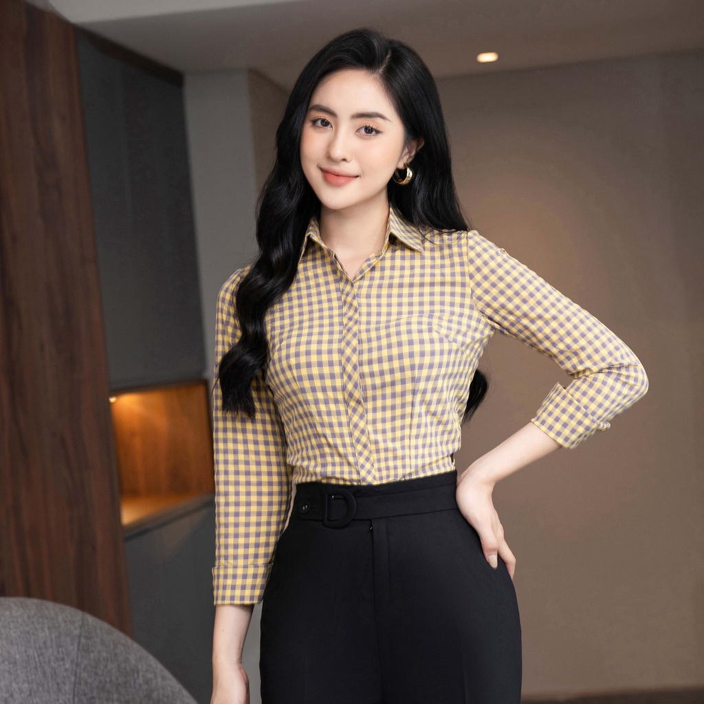 Áo Sơ Mi Dài Tay Nữ Công Sở UK Fashion Thiết Kế Họa Tiết Kẻ Caro Basic, Chất Vải Cao Cấp, Không Nhăn Xù NKSM2202006