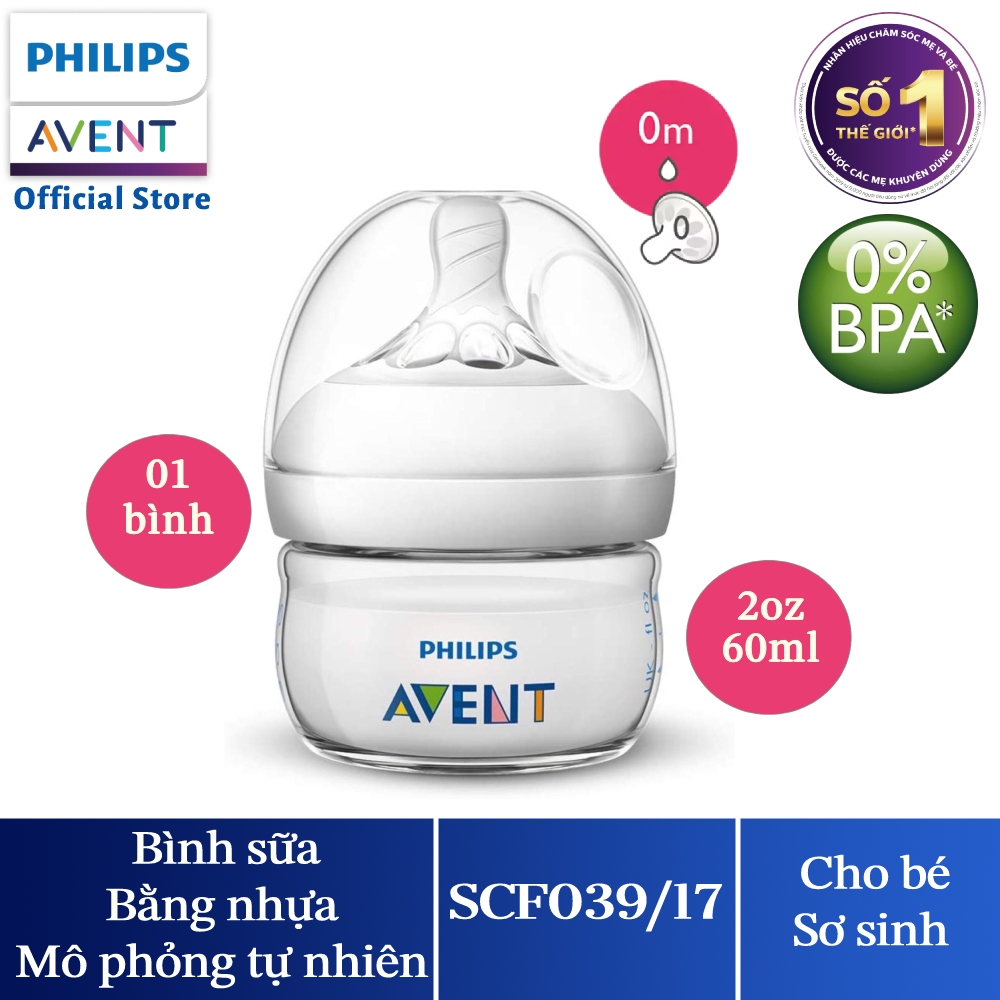 Bình sữa Philips Avent mô phỏng tự nhiên (60 ml) cho trẻ từ 0 tháng tuổi SCF039.17