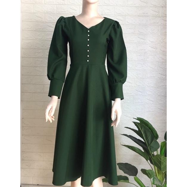 Đầm xoè tay dài cổ V đính nút thu đông kèm hình chụp thật