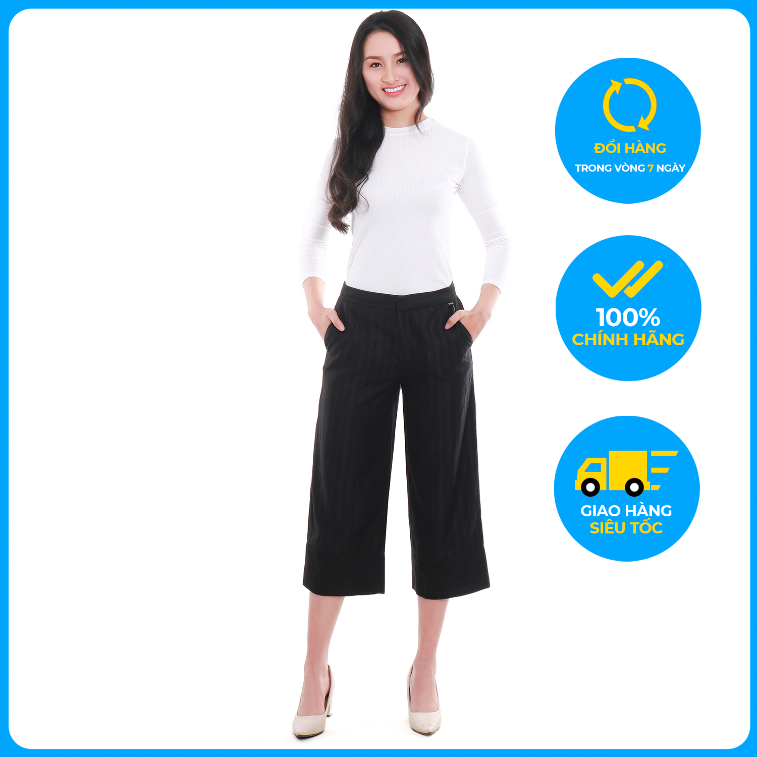 Quần nữ xuông lửng Narsis P9021 chất Cotton màu đen kẻ  trẻ trung năng động, chất liệu  cao cấp cực mềm mại thông thoáng