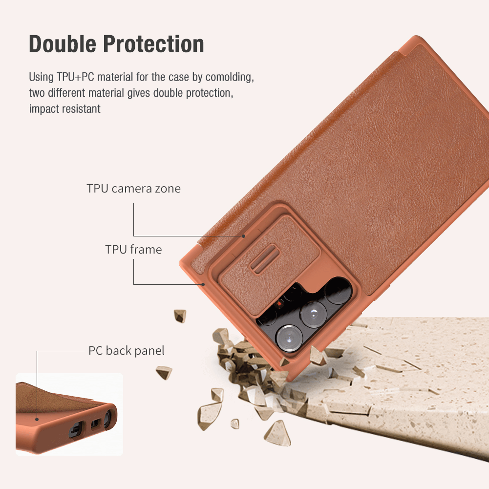 Case bao da chống sốc cho Samsung Galaxy S22 Ultra hiệu Nillkin Qin Pro trang bị nắp bảo vệ Camera - hàng nhập khẩu