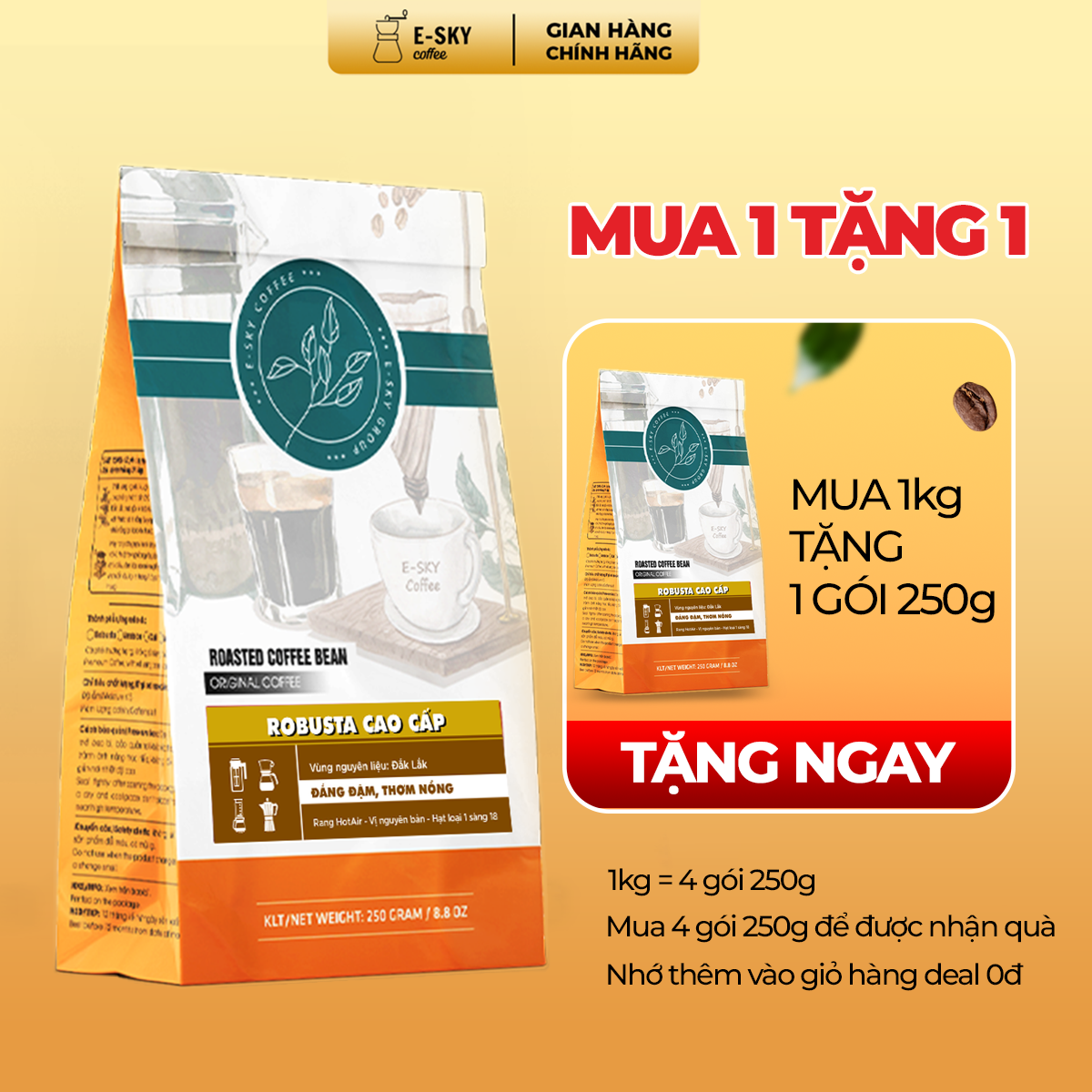 Cà Phê Rang Xay Nguyên Chất Robusta E-SKY Coffee  Pha Phin Pha Máy Cold Brew 250g-500g