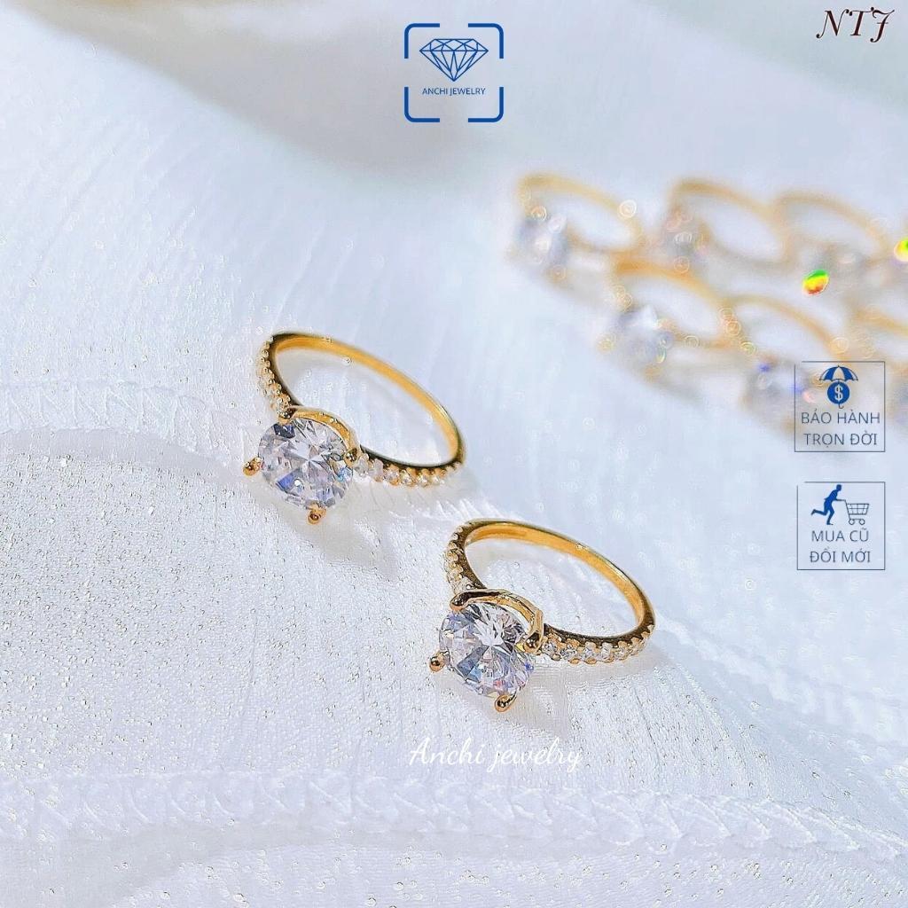 Nhẫn bạc 4 chấu cao gắn đá cubic mạ vàng giá rẻ cho nữ, Anchi Jewelry