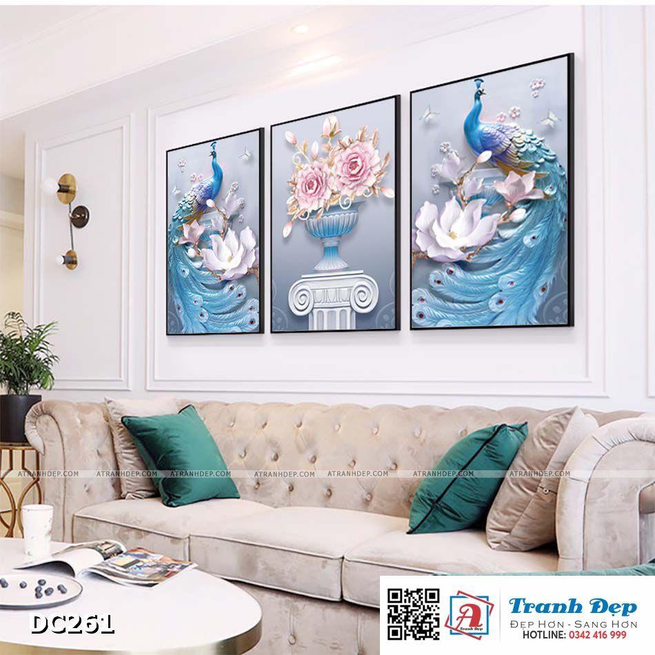 Bộ 3 tranh canvas treo tường Decor Họa tiết chim công - DC261