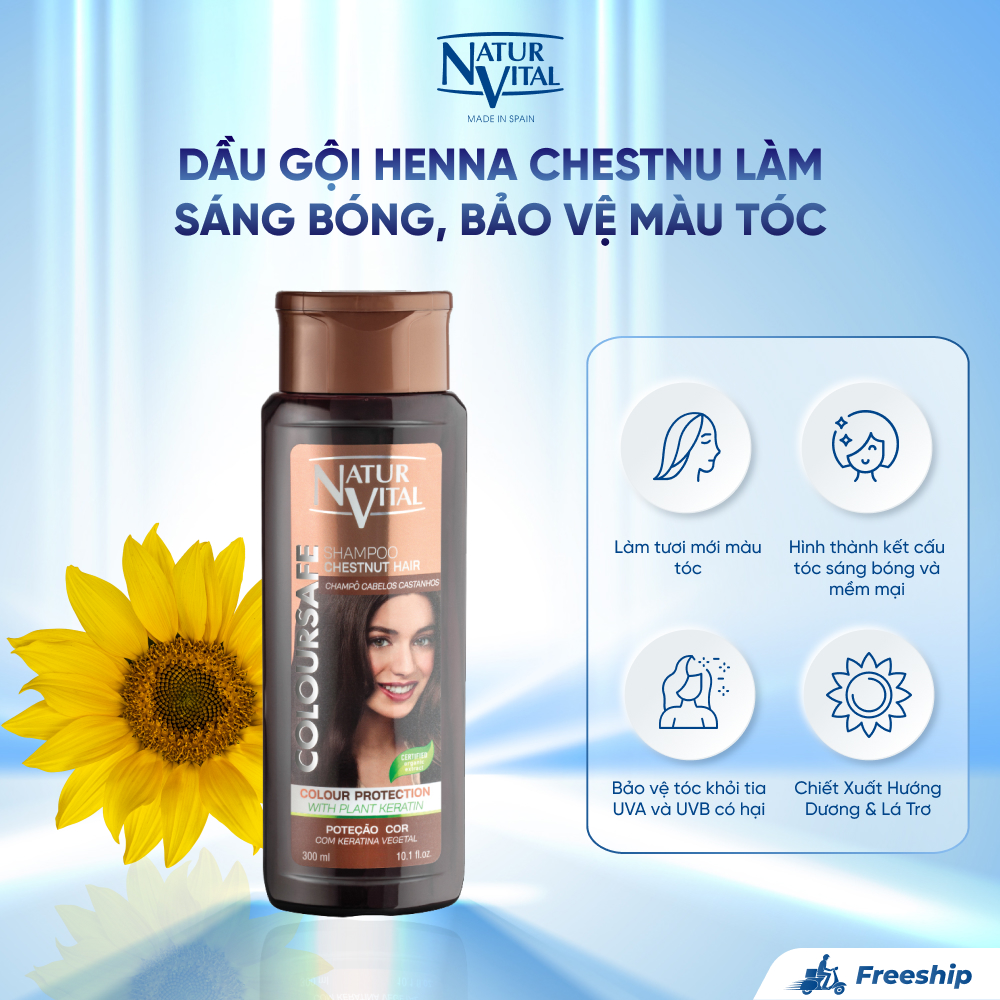 Dầu Gội NaturVital Henna Chestnut Chiết Xuất Hướng Dương & Lá Trơ, Giúp Làm Sáng Bóng, Bảo Vệ Màu Tóc