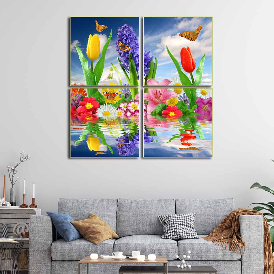Bộ 4 tranh canvas treo tường Decor hoa lá trang trí phòng ăn, phong cách hiện đại - DC052