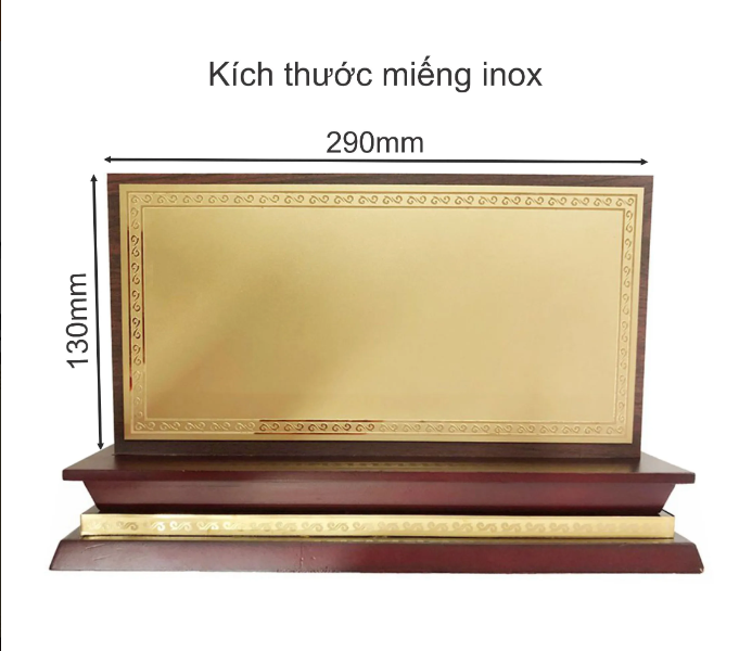 Bảng chức danh đế gỗ hoa văn DG07-D 330x60mm mặt inox không nội dung 294x140mm
