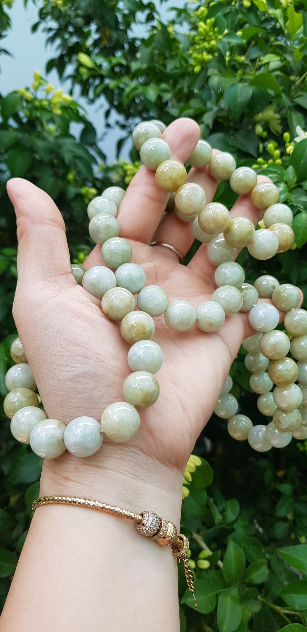 Vòng tay chuỗi nam nữ đá cẩm thạch tự nhiên trắng vàng bóng ngời Vòng size hạt 13mm Màu trắng vàng đất nhẹ bóng mượt thiệt đẹp ạ