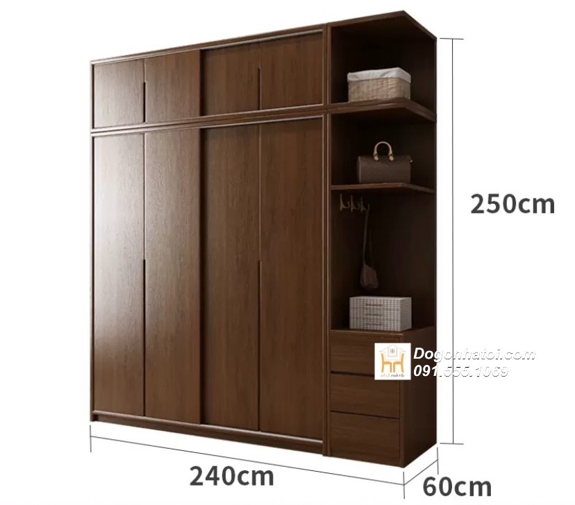 Tủ quần áo của lùa 3 cánh gỗ sồi màu óc chó 2m x 2m - TA230
