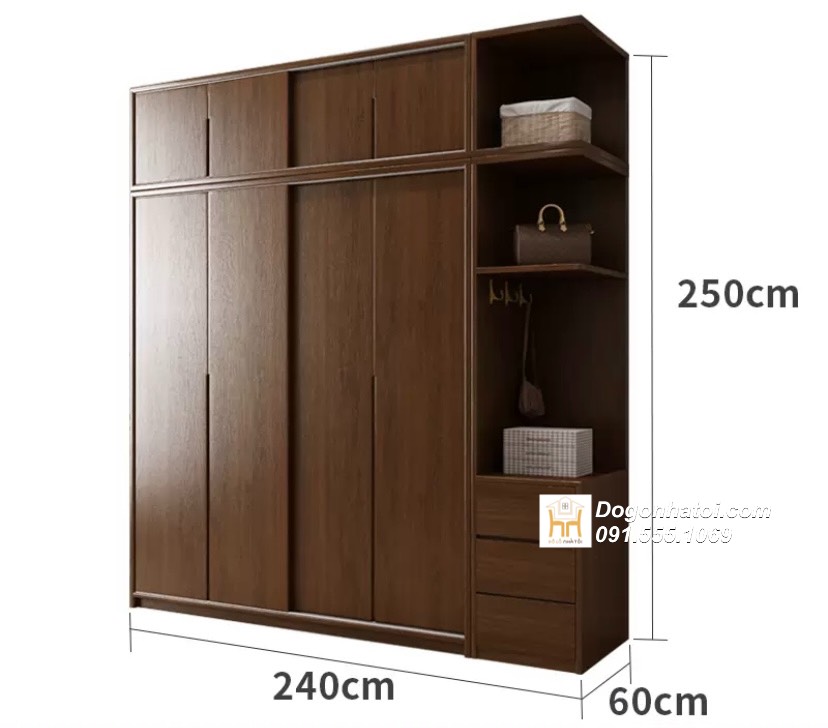 Tủ quần áo của lùa 3 cánh gỗ sồi màu óc chó 2m x 2m - TA230 (4.200k/m2)